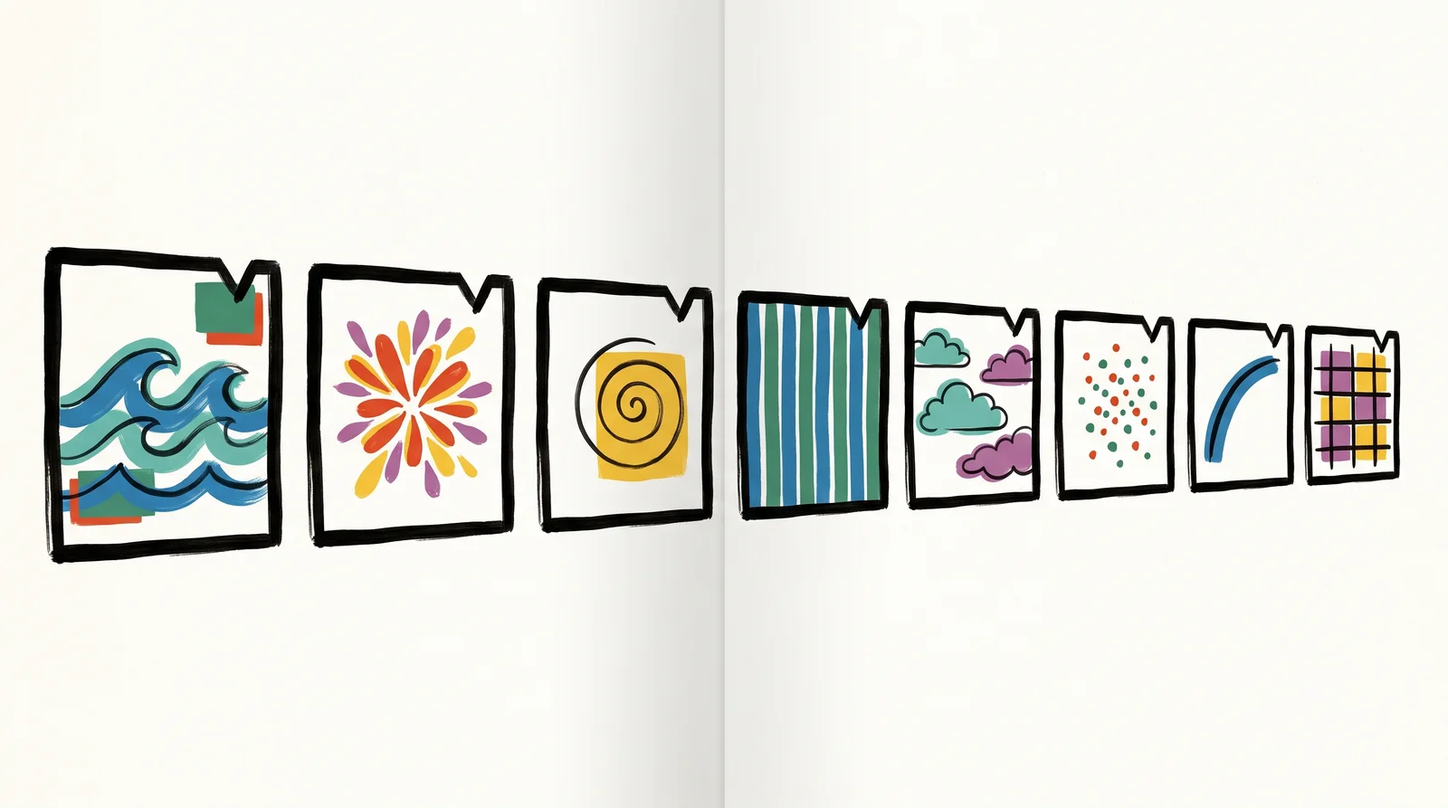 Eight identical square frames with the same thick border and a small notch in the top corner hang in a row. Inside each is something different: waves, petals, a spiral, stripes, clouds, dots, an arc and a grid.