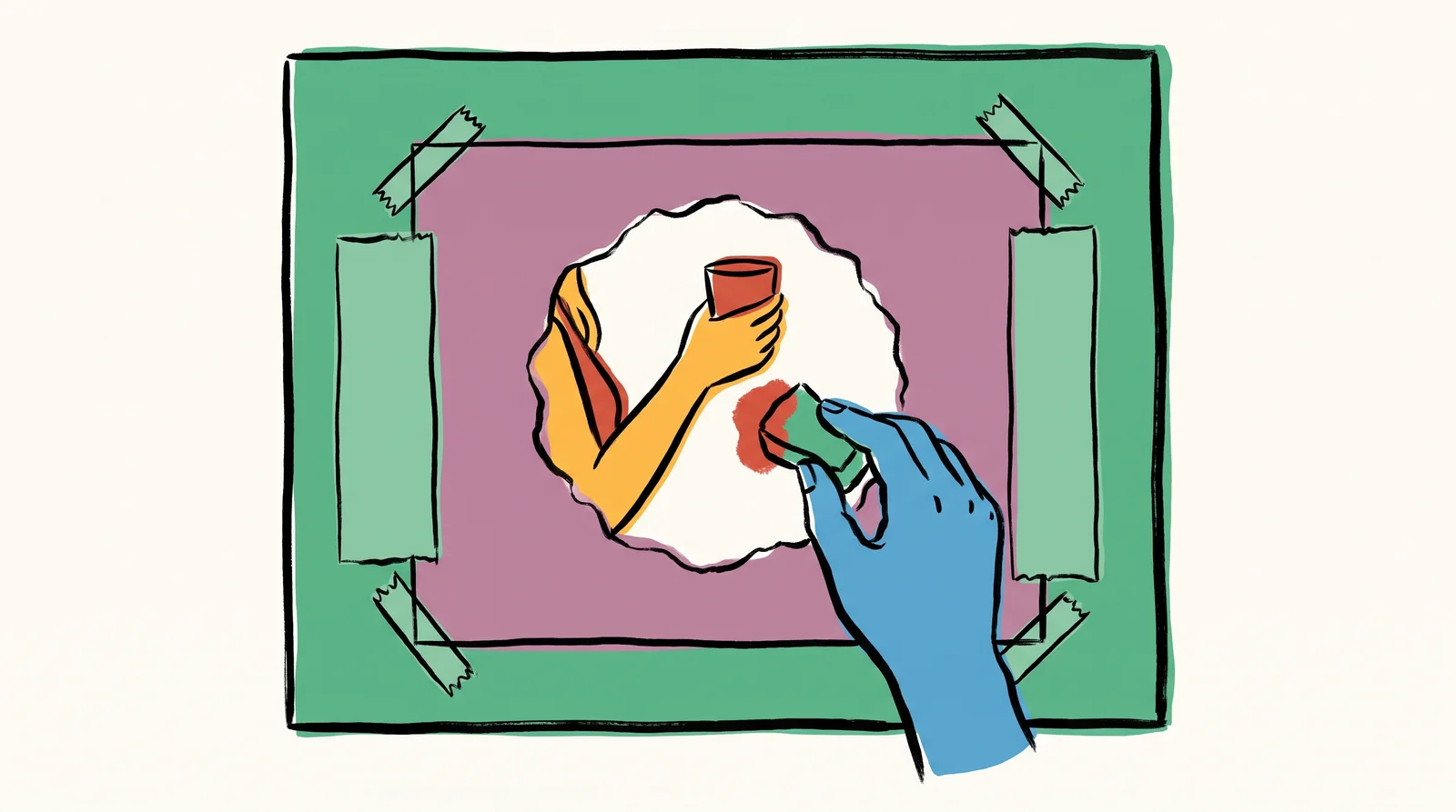 From above, a photograph of a woman with a cup lies under a paper mask on a light table. A soft-edged hole is torn over her hand, and a retoucher sponges paint through it. Blank paper strips are taped to both sides to widen the picture.