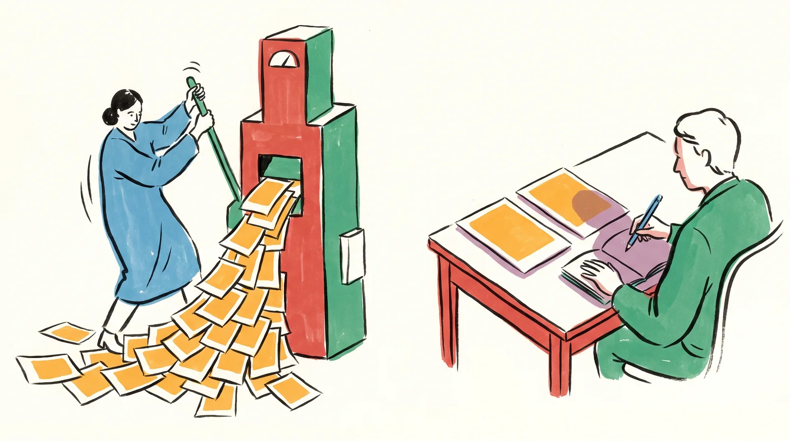 Split in two. On the left, a person pulls the lever of a tall machine that pours out a pile of almost identical prints. On the right, a person sits at a desk comparing two nearly identical prints, pencil ready over a notebook.