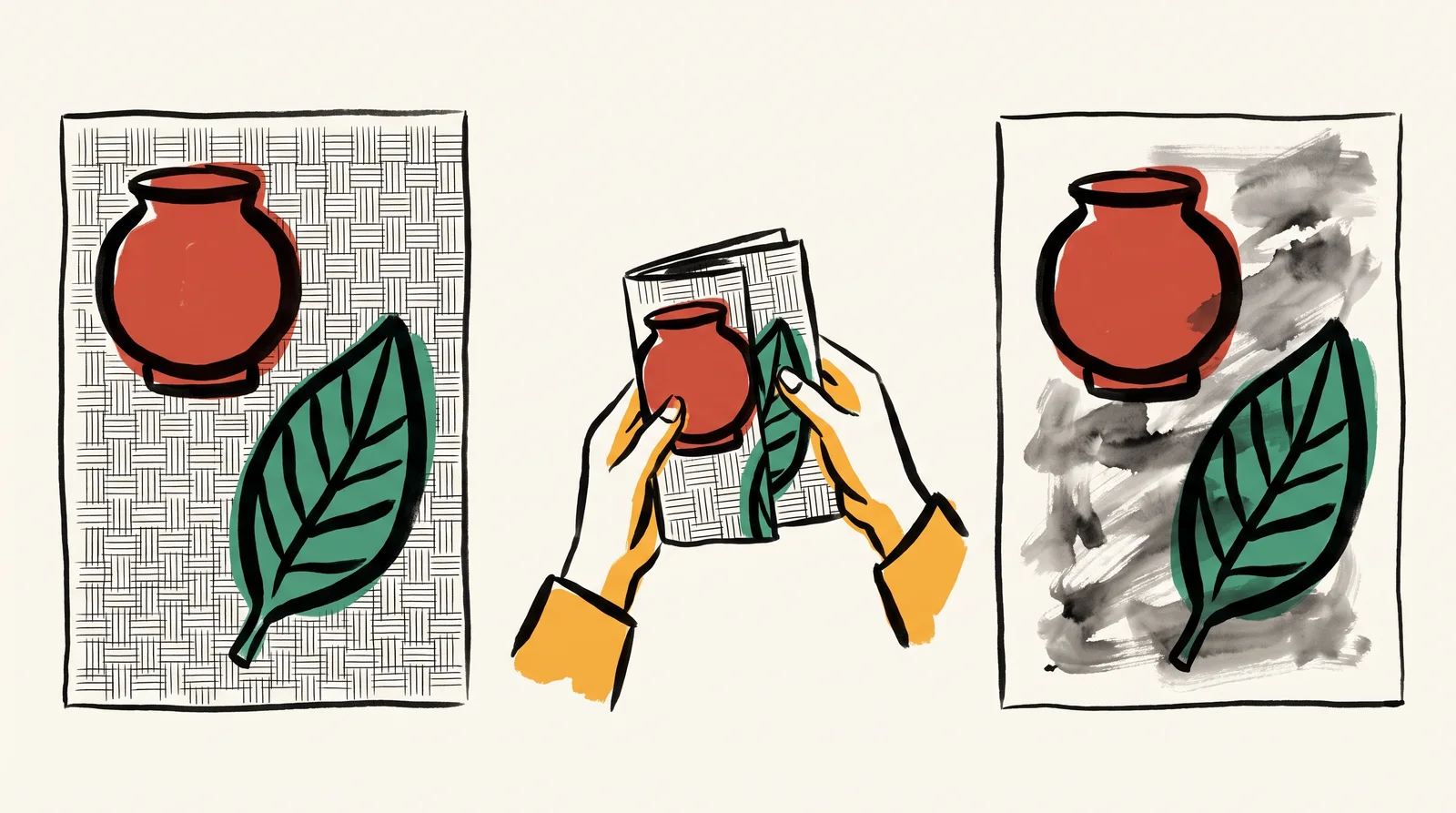 Three moments across the frame. A large sheet with a bold pot, a leaf and a fine woven pattern; two hands folding it into a small packet; the sheet unfolded again with the pot and leaf fine but the delicate weave smudged into grey.