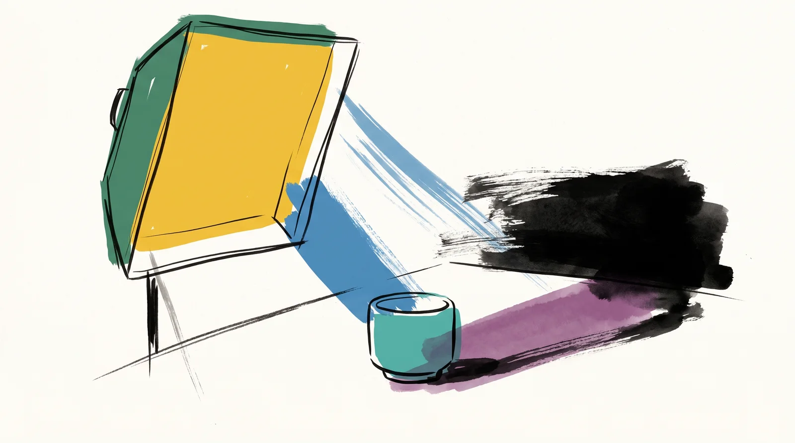 A small plain cup sits on a table. A very large square softbox hangs high on the left, and the cup's soft shadow stretches far to the right, where the picture fades into deep darkness.