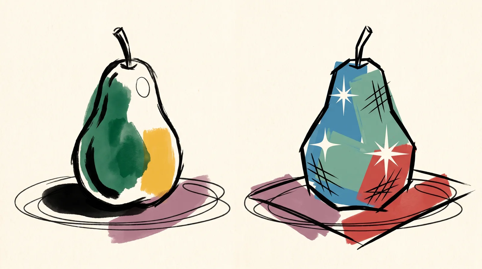 Two pears side by side. The left one is lit softly from one window, with one gentle highlight and a shadow side fading to dark. The right one is evenly lit and hard-edged, with three bright highlights in different places and a waxy sheen.