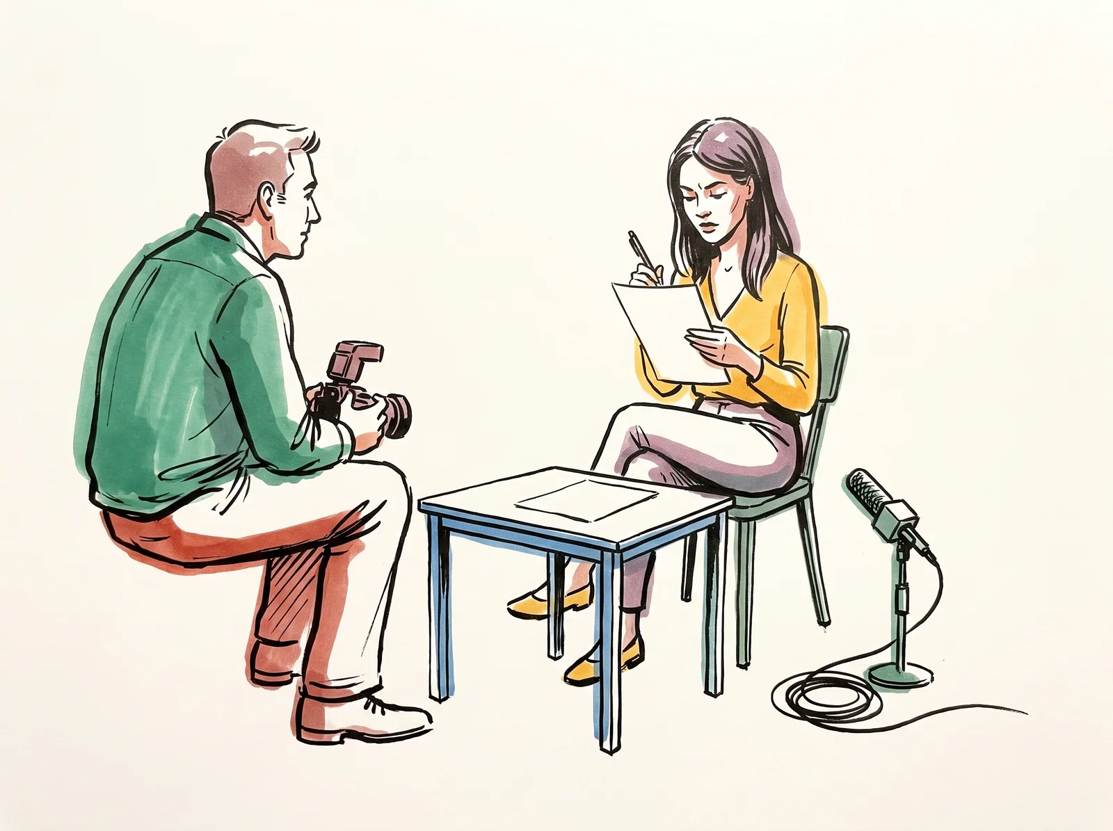 In a quiet studio, a photographer and a model sit at a small table while the model reads a new agreement carefully before signing. Nearby, a microphone on a stand waits with its cable unplugged and coiled on the floor.