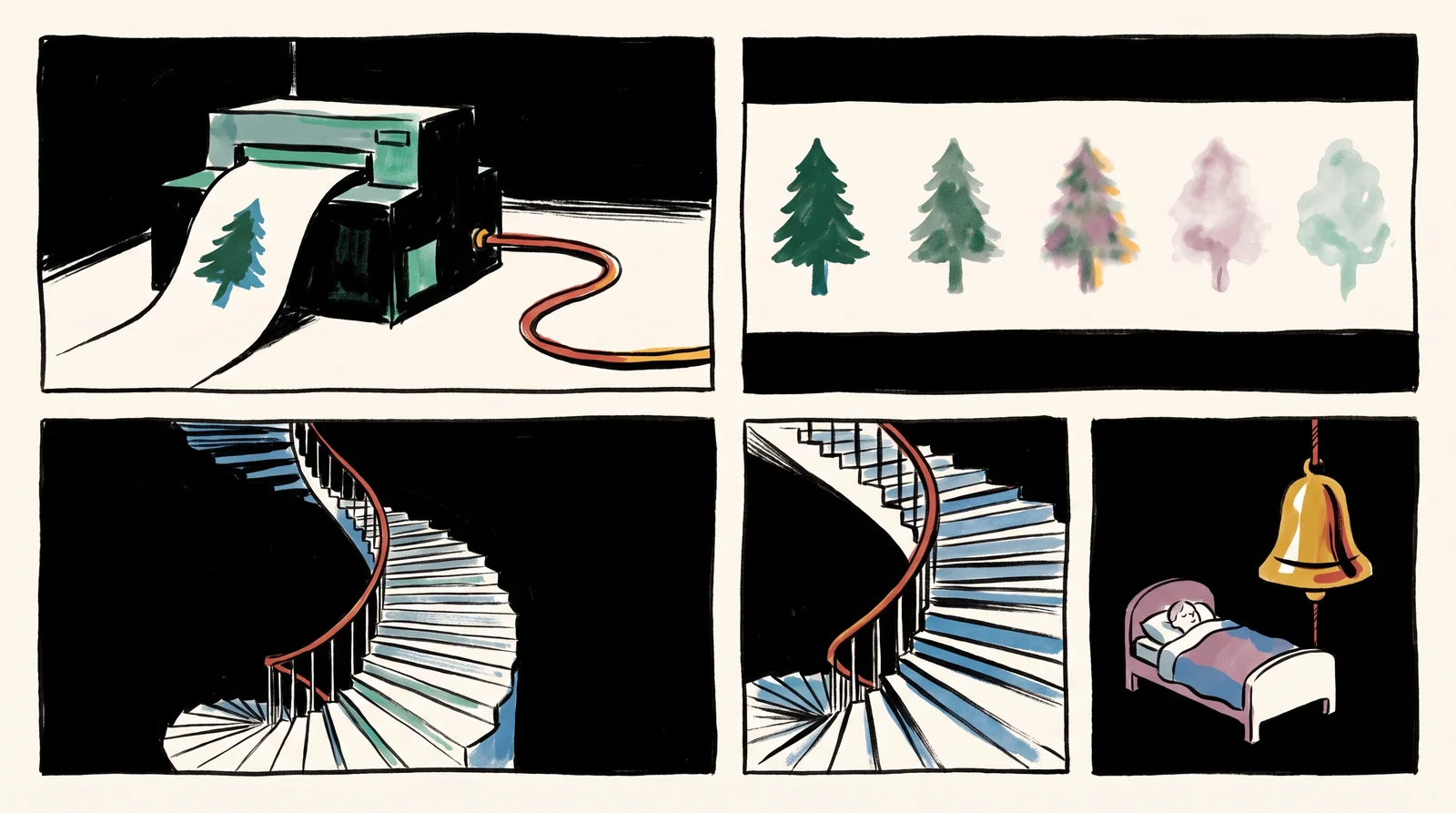 A machine in a dark room prints the same tree again and again along a paper roll, each one slightly paler and blurrier. A cord runs from the machine up the stairs to a bell next to a sleeping person's bed.