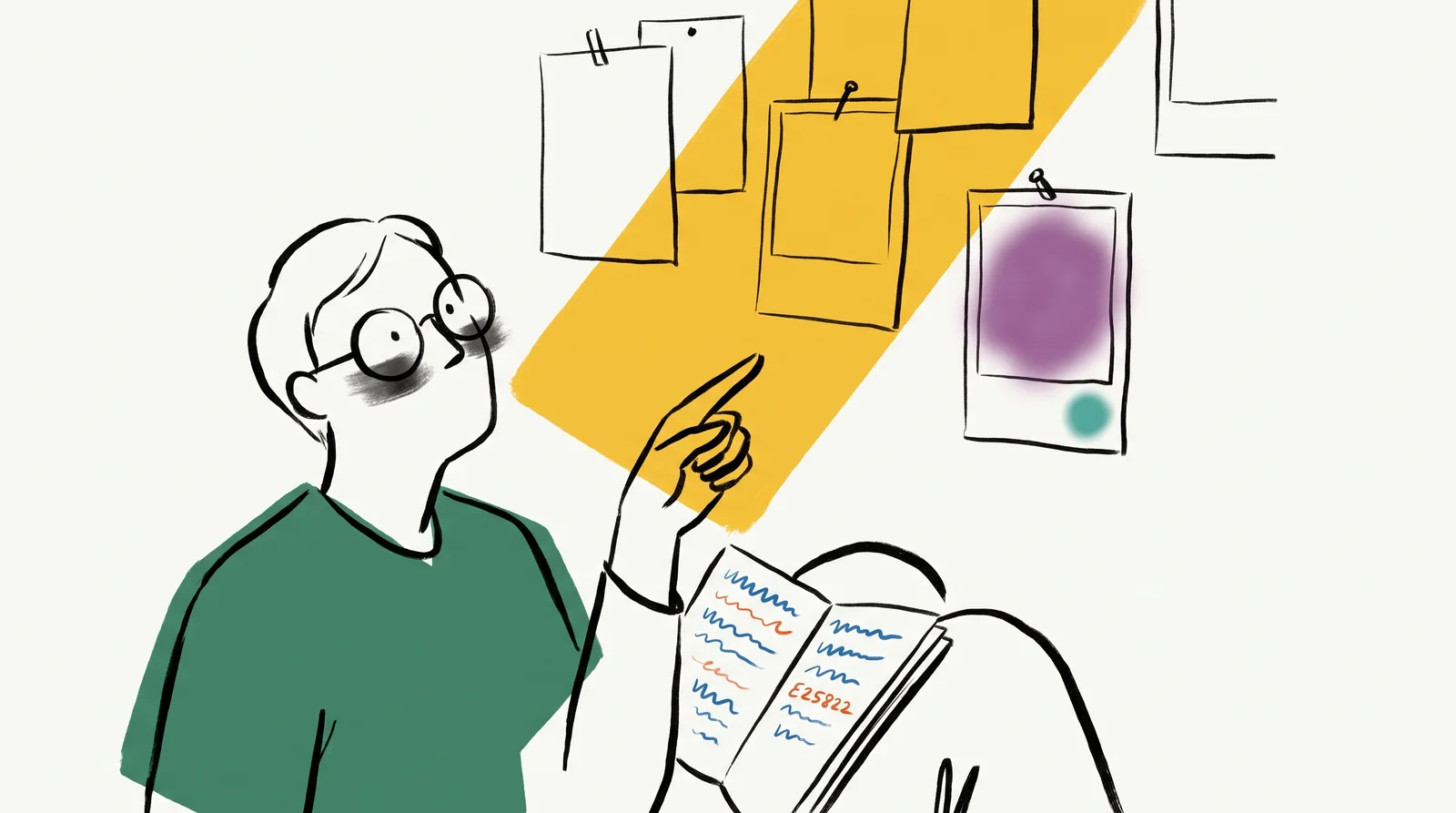 A person in round glasses sits in front of a wall of pinned photographs, pointing confidently at how the light falls in them while writing in a notebook. Their lenses are smudged, and the small colour chip on the nearest photo is blurred.