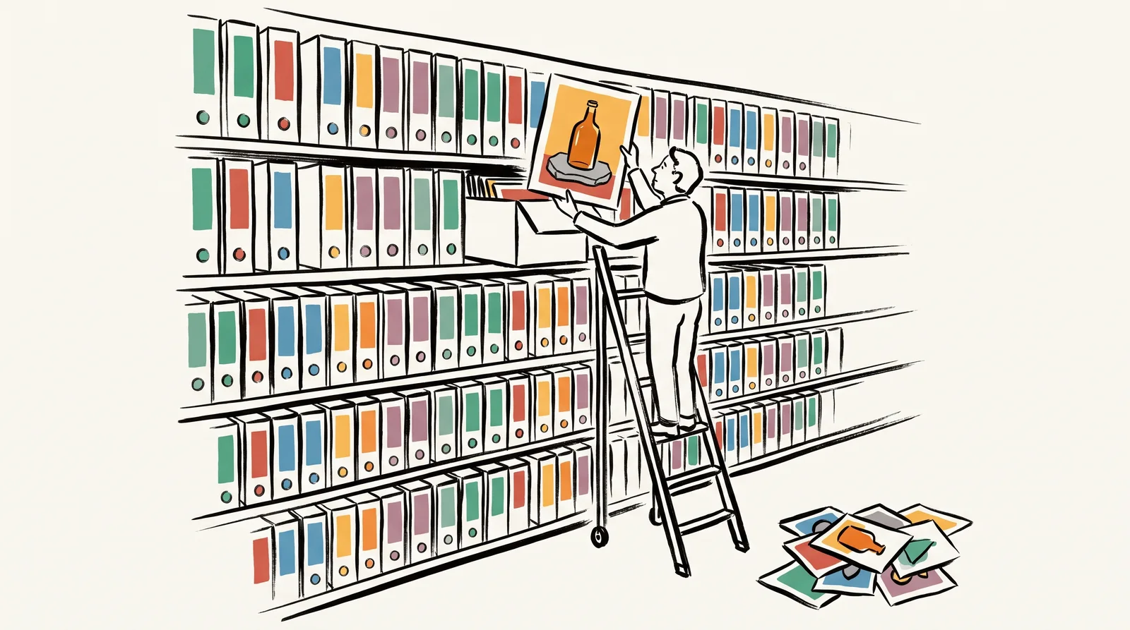 A wall of identical archive boxes with coloured tabs in a strict repeating order. A person on a rolling ladder pulls out one box and lifts a print of an amber bottle on stone. In a corner, a heap of loose, unnamed prints lies ignored.