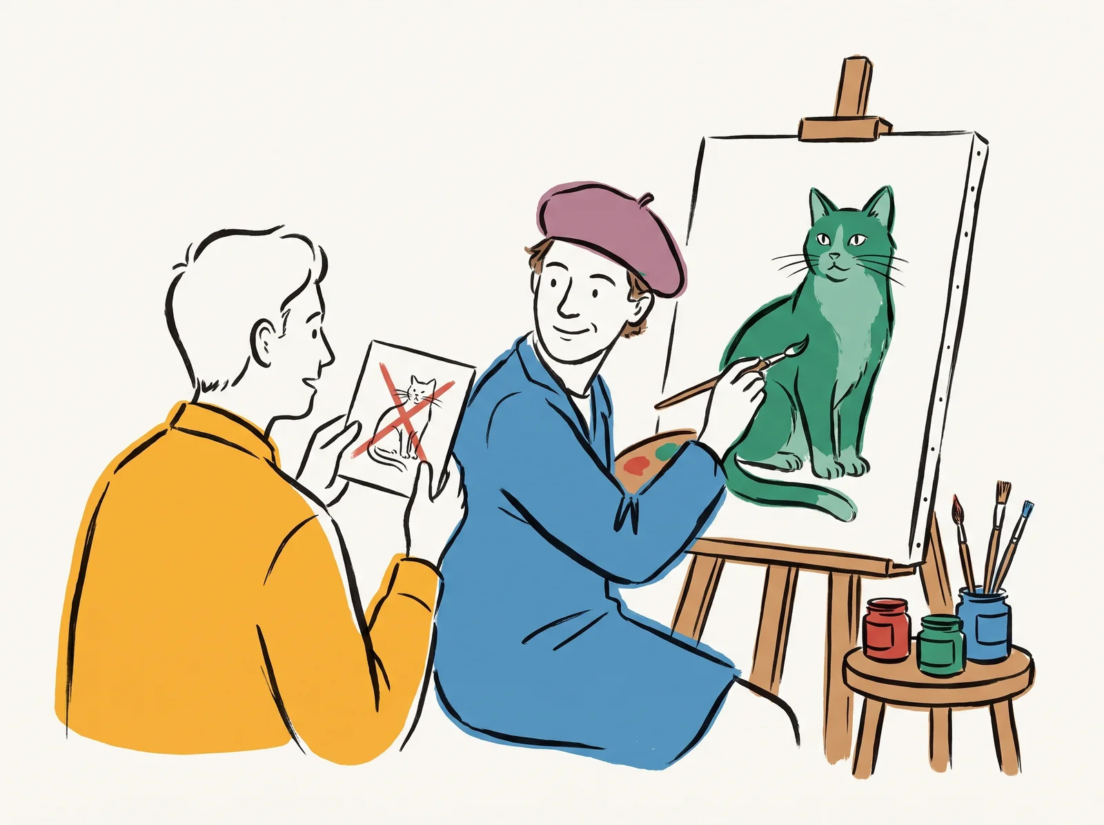 A person holds up a card with a sketch of a cat crossed out. Next to them, a painter looks at the card and carefully paints a big, handsome cat on the canvas, ignoring the cross completely.