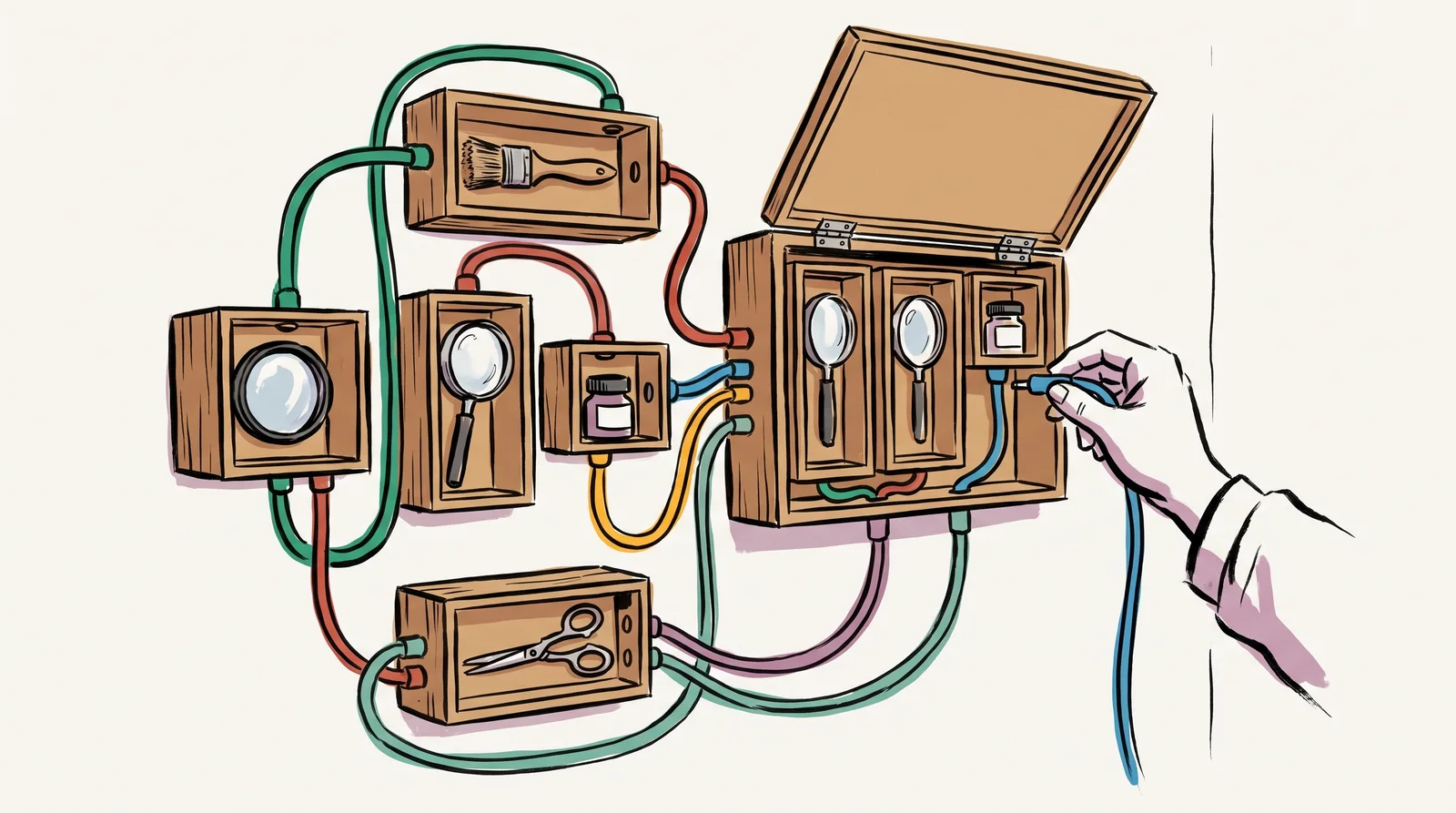 A wall of small wooden boxes, each holding one tool such as a lens, brush, magnifier, paint pot or scissors, joined by coloured cords. One group of boxes sits inside a larger lidded box. A person plugs in a single cord.
