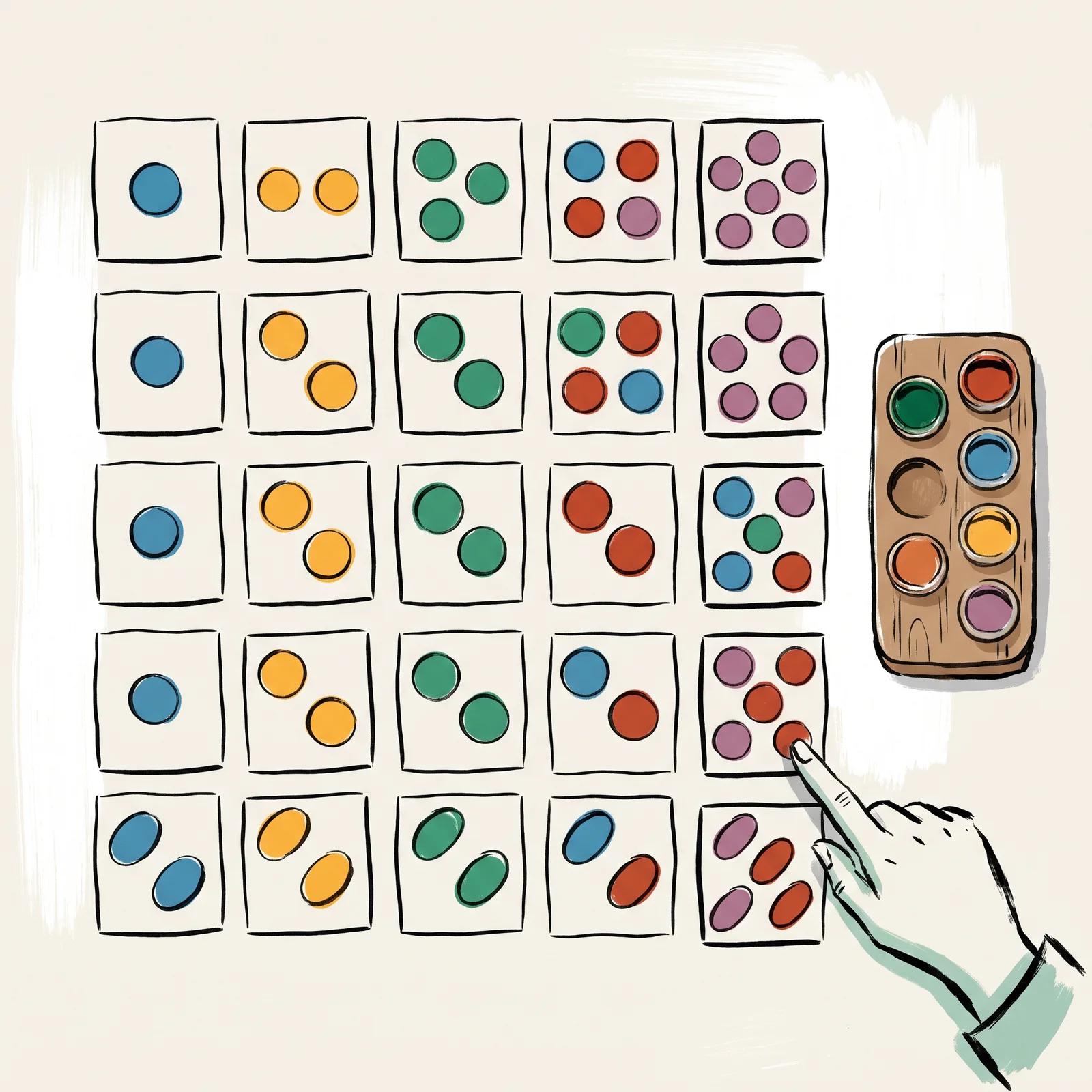 From above, a five-by-five grid of paper tiles. Each row adds a circle and each column tilts them further. A small tray at the side holds just five paint pots, and a hand points to one tile in the far corner.