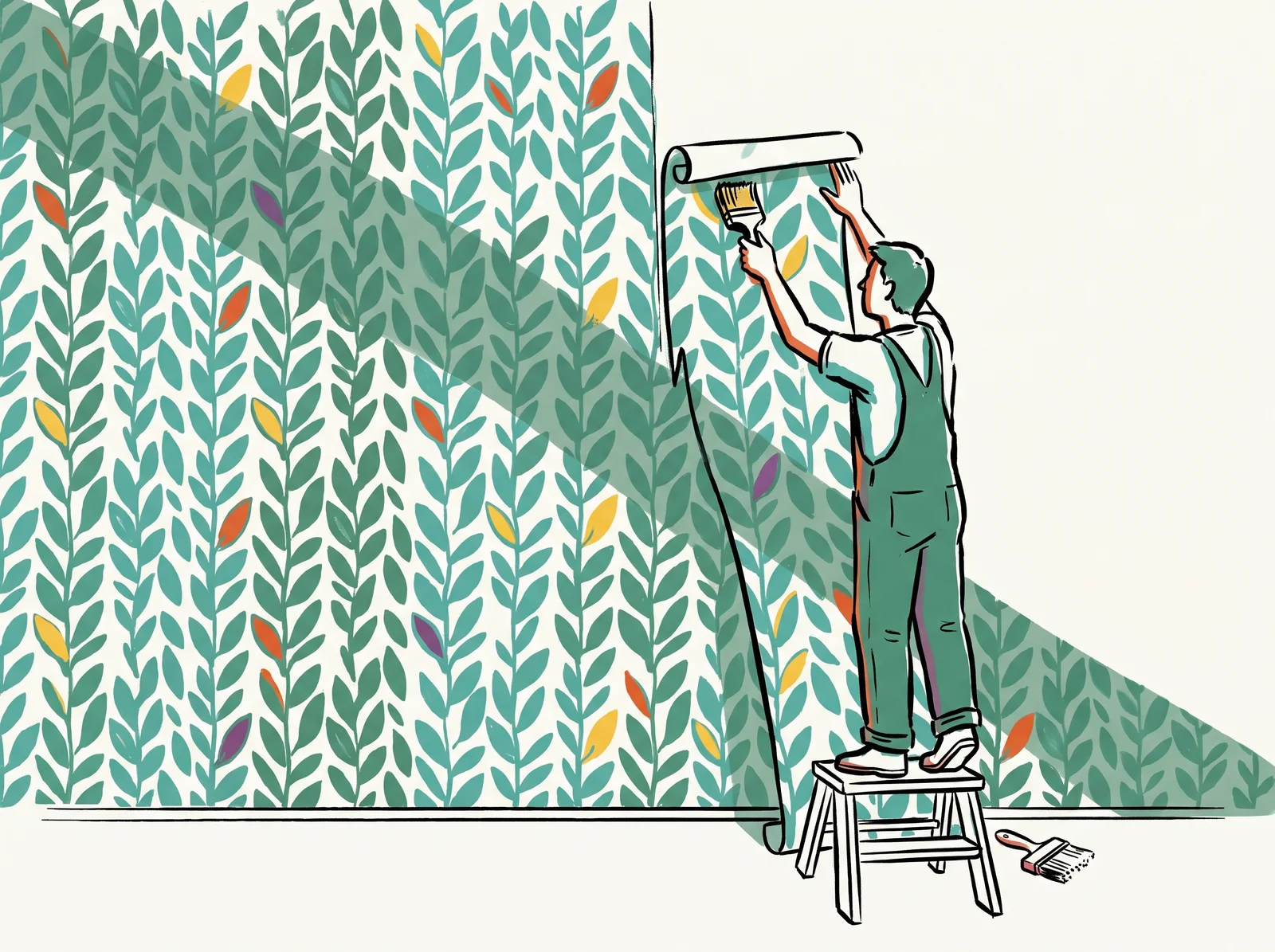 A decorator smooths a new length of leaf-patterned wallpaper onto a wall. At the join the leaves don't line up, leaving a visible seam, and across the whole wall a faint diagonal band of darker leaves appears.