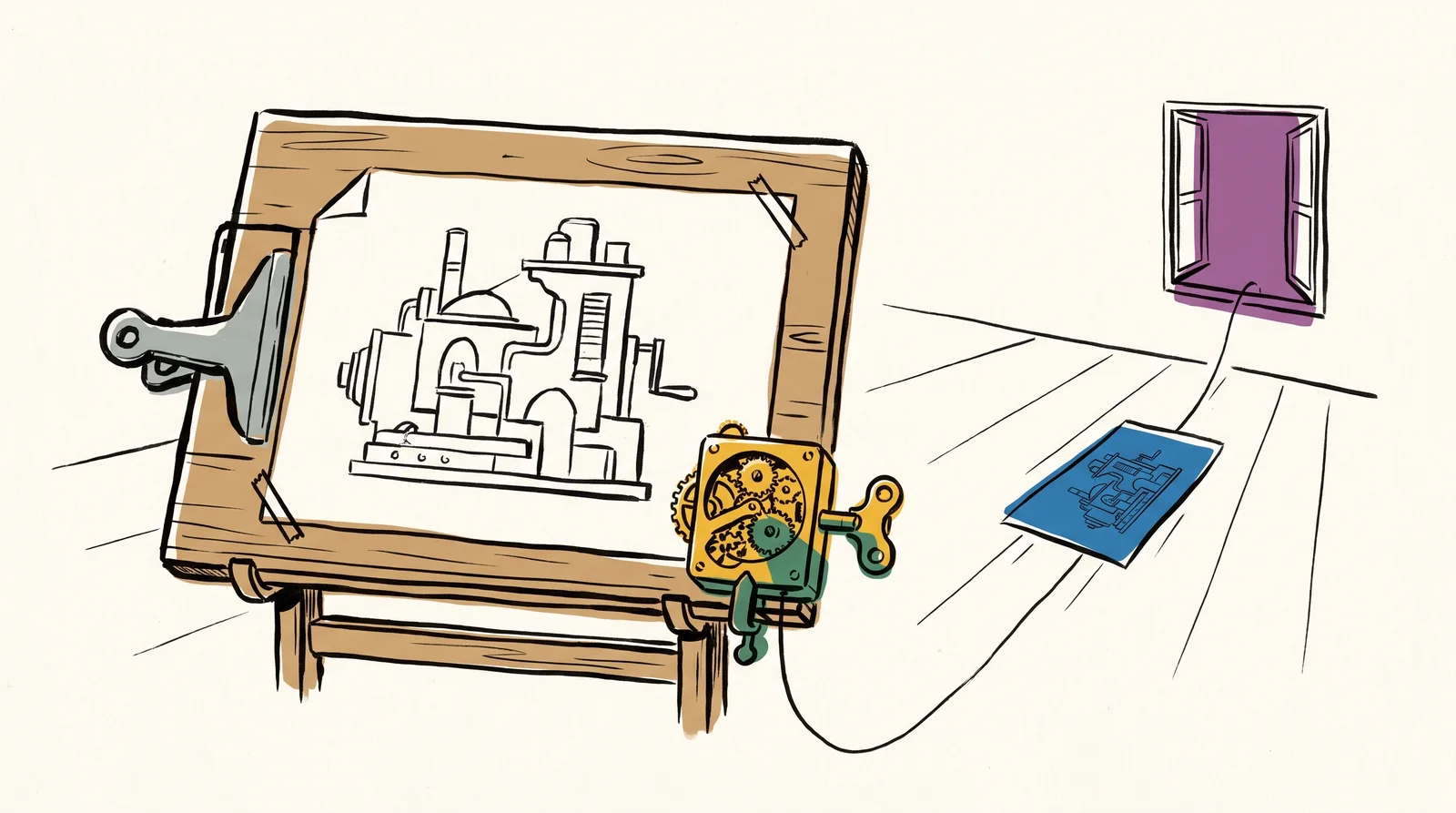 A drawing of an unreleased product lies on a drawing board with a small shiny clockwork gadget clipped to its edge. A thin thread runs from the gadget out of an open window, slowly pulling a copy of the drawing toward it.