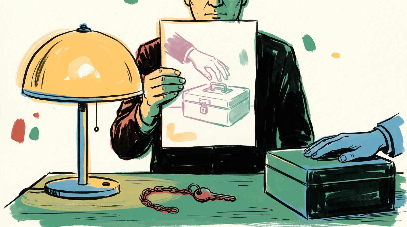 An assistant holds a letter up to a lamp. The light reveals a faint hidden drawing inside the paper, of a hand reaching for a locked box. The assistant's one key is chained to the desk, and another person keeps a hand on the box.