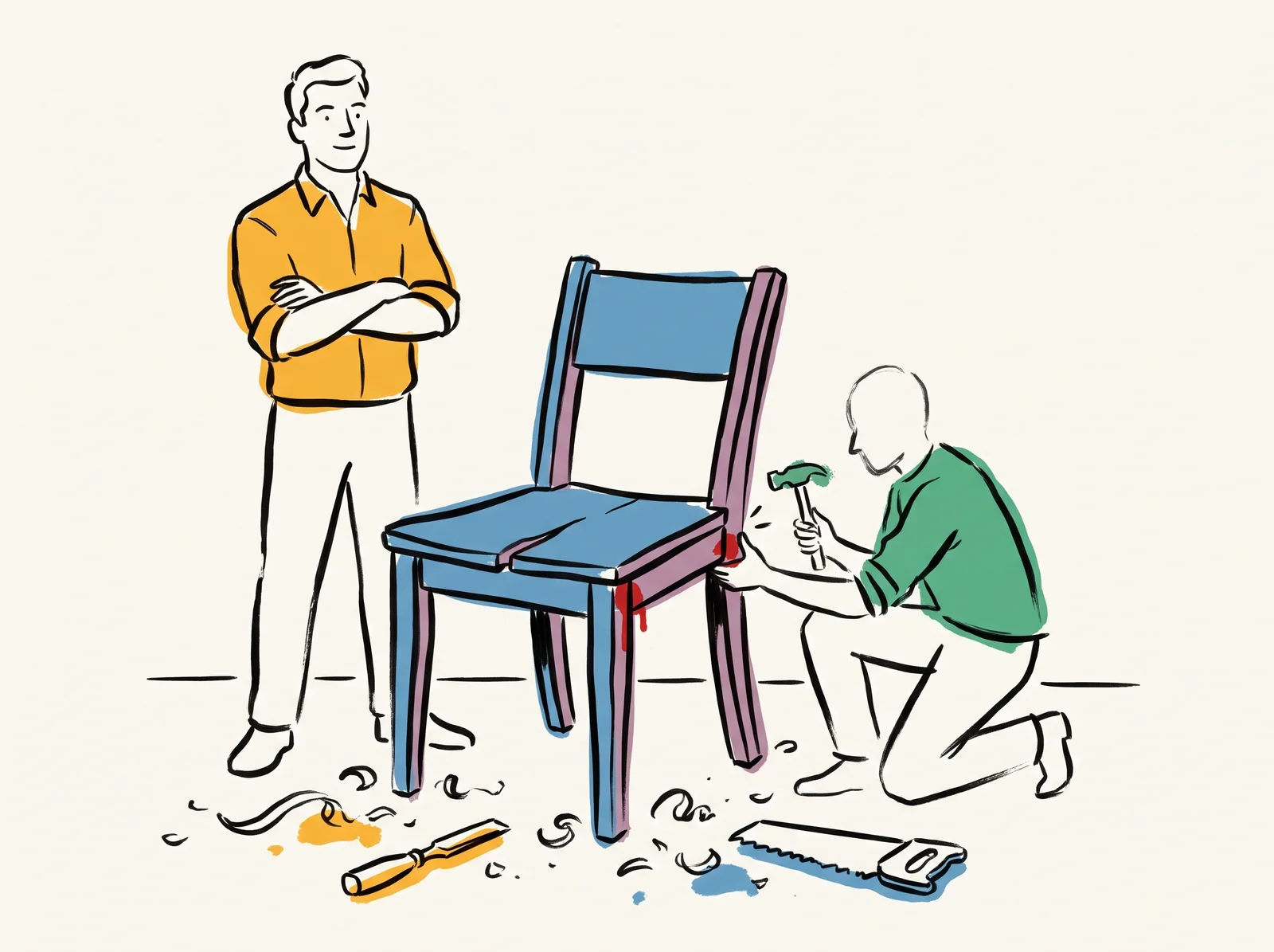 A person stands proudly beside a wooden chair they have built. Another person kneels and taps one of the chair's leg joints with a small hammer, revealing a thin crack opening there. Wood shavings lie on the floor.
