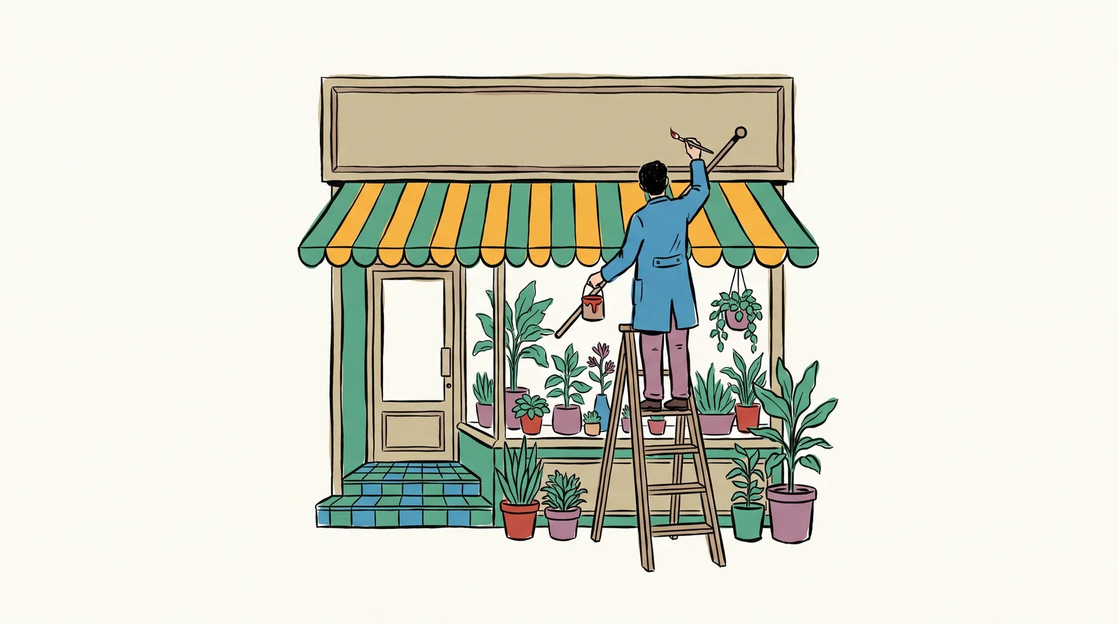 A detailed shopfront with an awning, a tiled step and a window full of plants. The long sign board above the window is completely blank. A sign-writer on a ladder holds a brush and a mahl stick, about to paint it by hand.