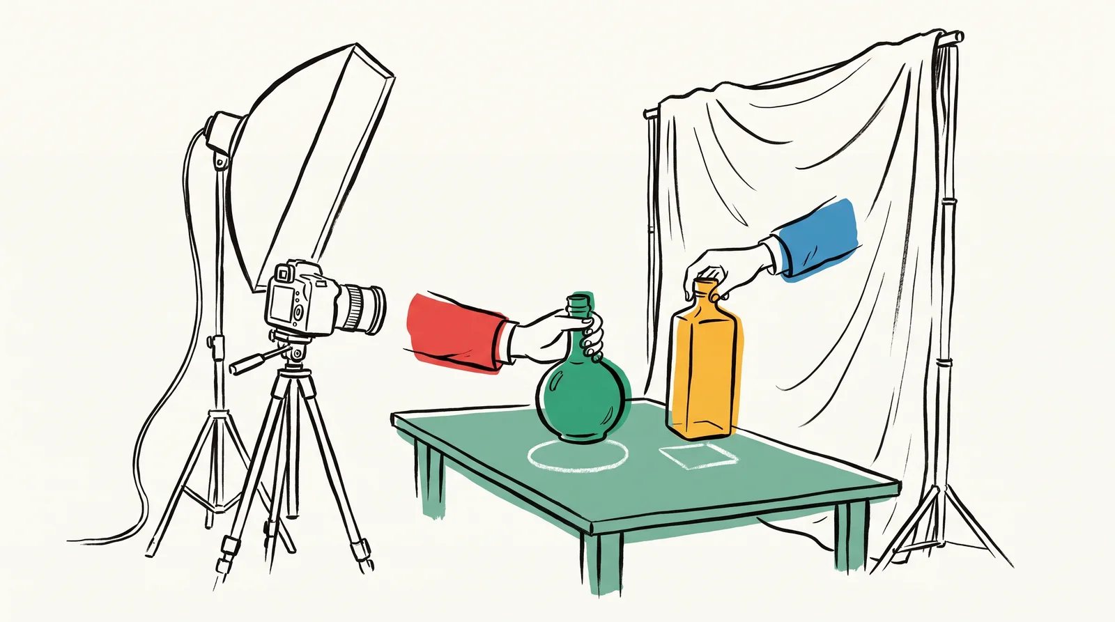 A small photo set with a fixed camera, a softbox and a backdrop. On the table, a chalk outline marks a spot. One hand lifts a round bottle out while another hand sets a tall square bottle into exactly the same place.