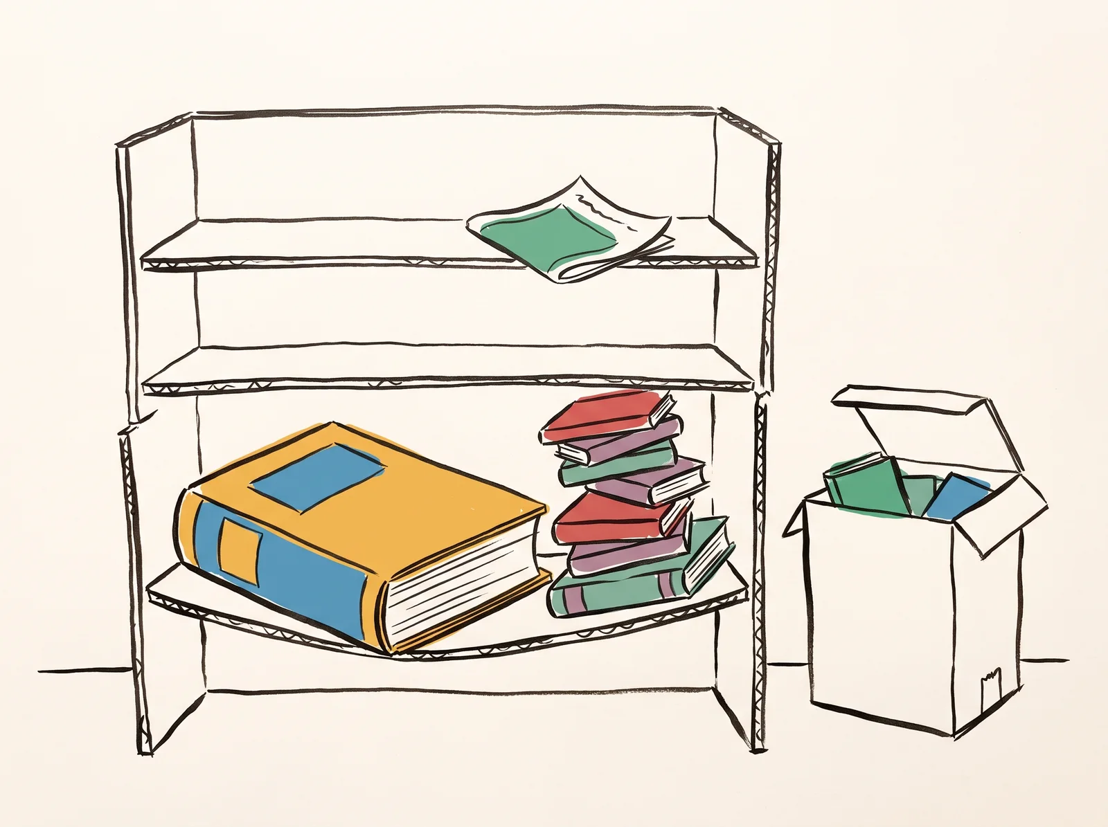 A cardboard bookshelf model loaded with real books: a huge atlas, a pile of small paperbacks and a thin pamphlet. One shelf bends under the atlas. An empty recycling bin stands nearby, waiting.