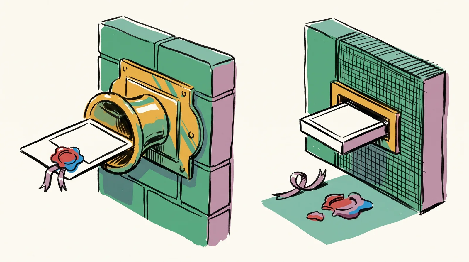 A photograph with a ribbon and wax seal tied to its corner is pushed into a brass slot in a wall. In a cutaway of the other side, the photograph comes out without it; the ribbon and seal lie snipped off on the floor.