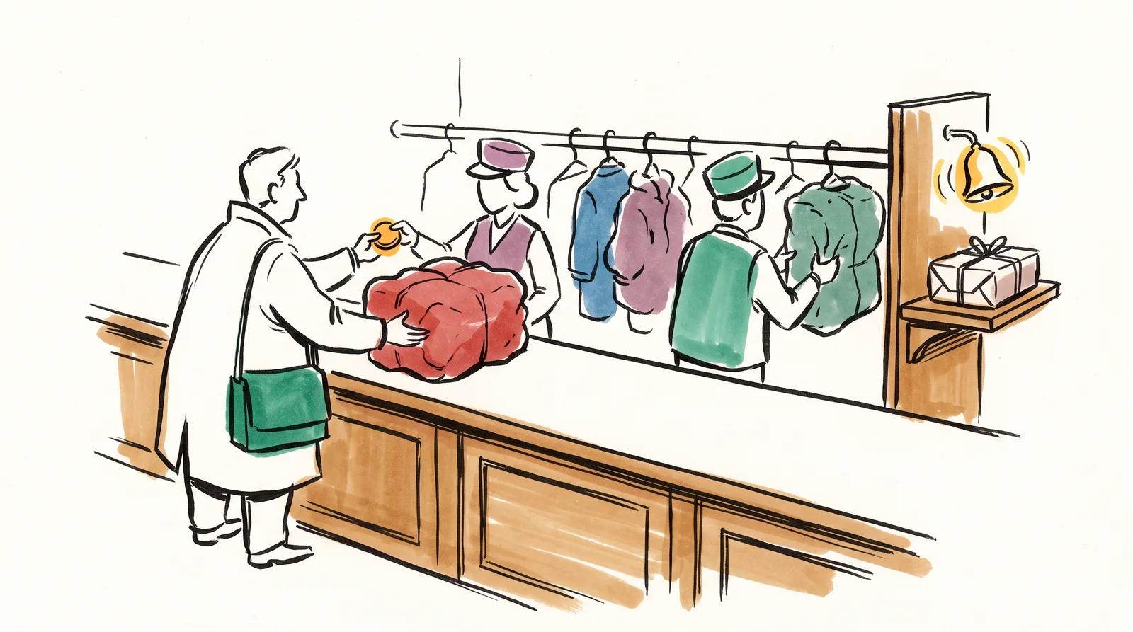 A long counter like a cloakroom. A person hands over a parcel and immediately gets a small brass token. Behind the counter, parcels wait in a row while workers handle them one by one. At the end, a bell rings over a finished parcel.