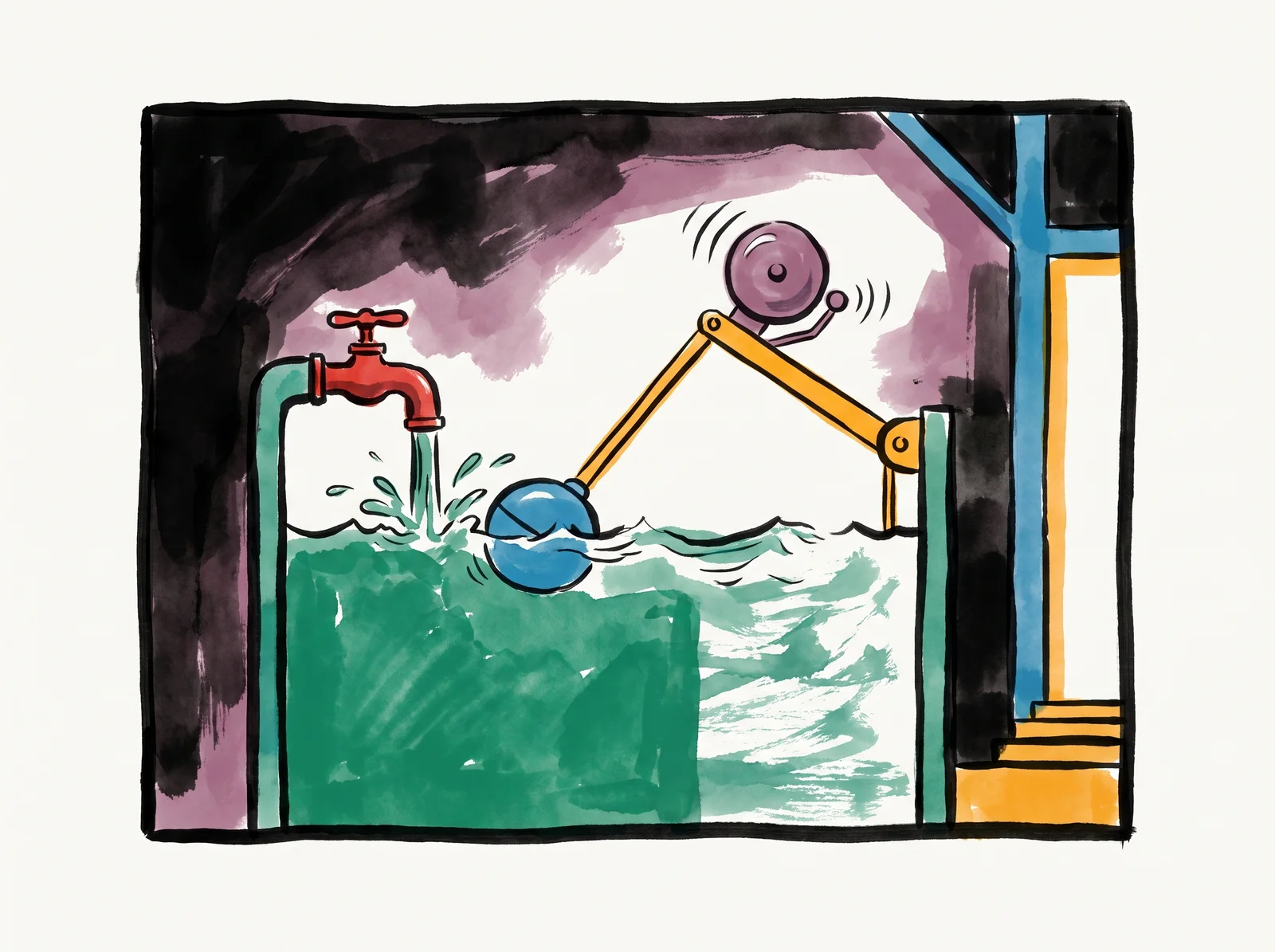 In a dark, empty studio at night, a tank fills from a tap. A float on an arm rises with the water, ready to shut the tap at a set level. A small bell on the arm rings early because the water is rising too fast.