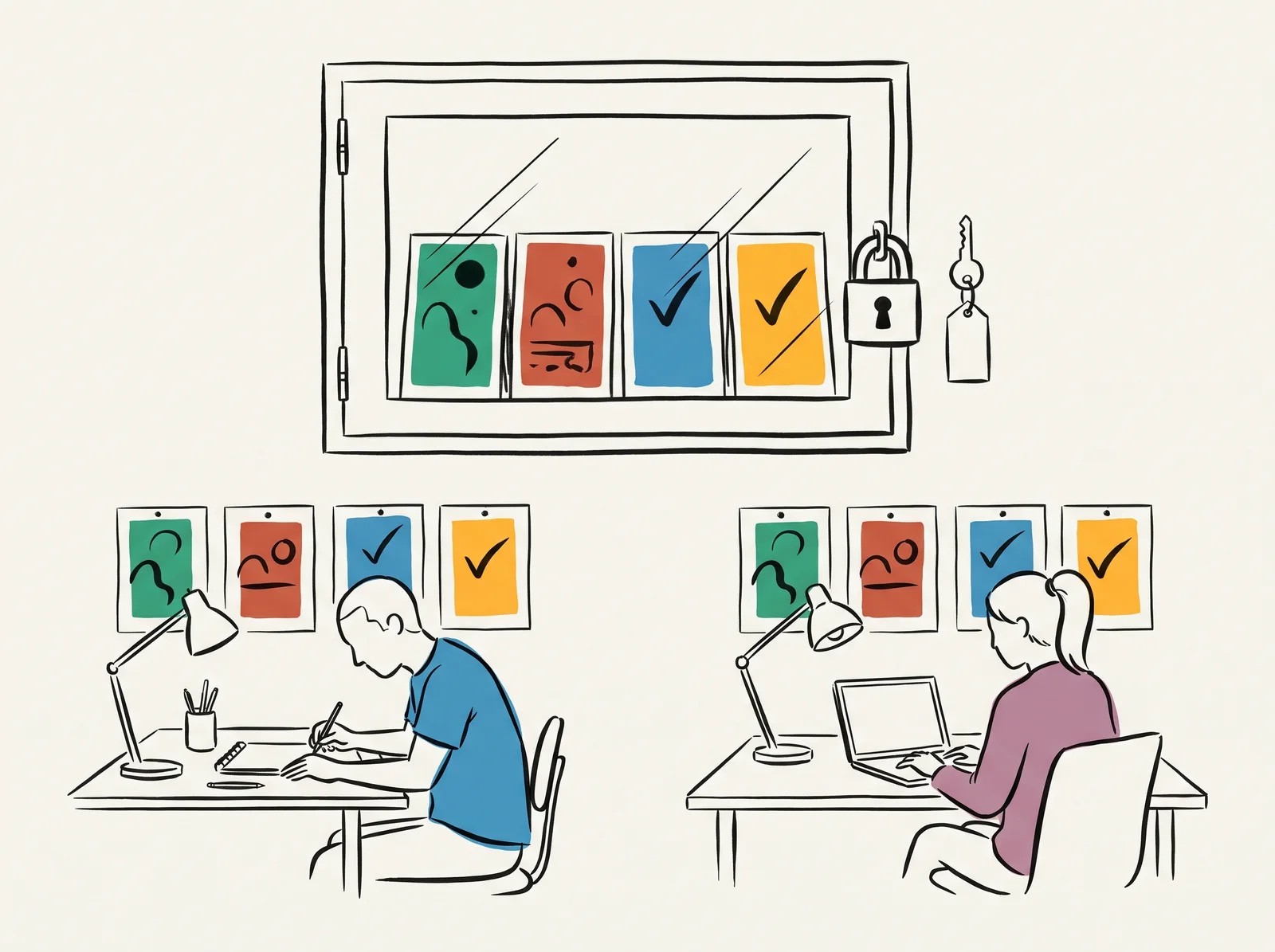A glass-fronted wall cabinet holds four prints in a row, closed with a padlock whose key hangs on a hook nearby. Below, two freelancers at separate desks each work from copies of the same four prints pinned above them.