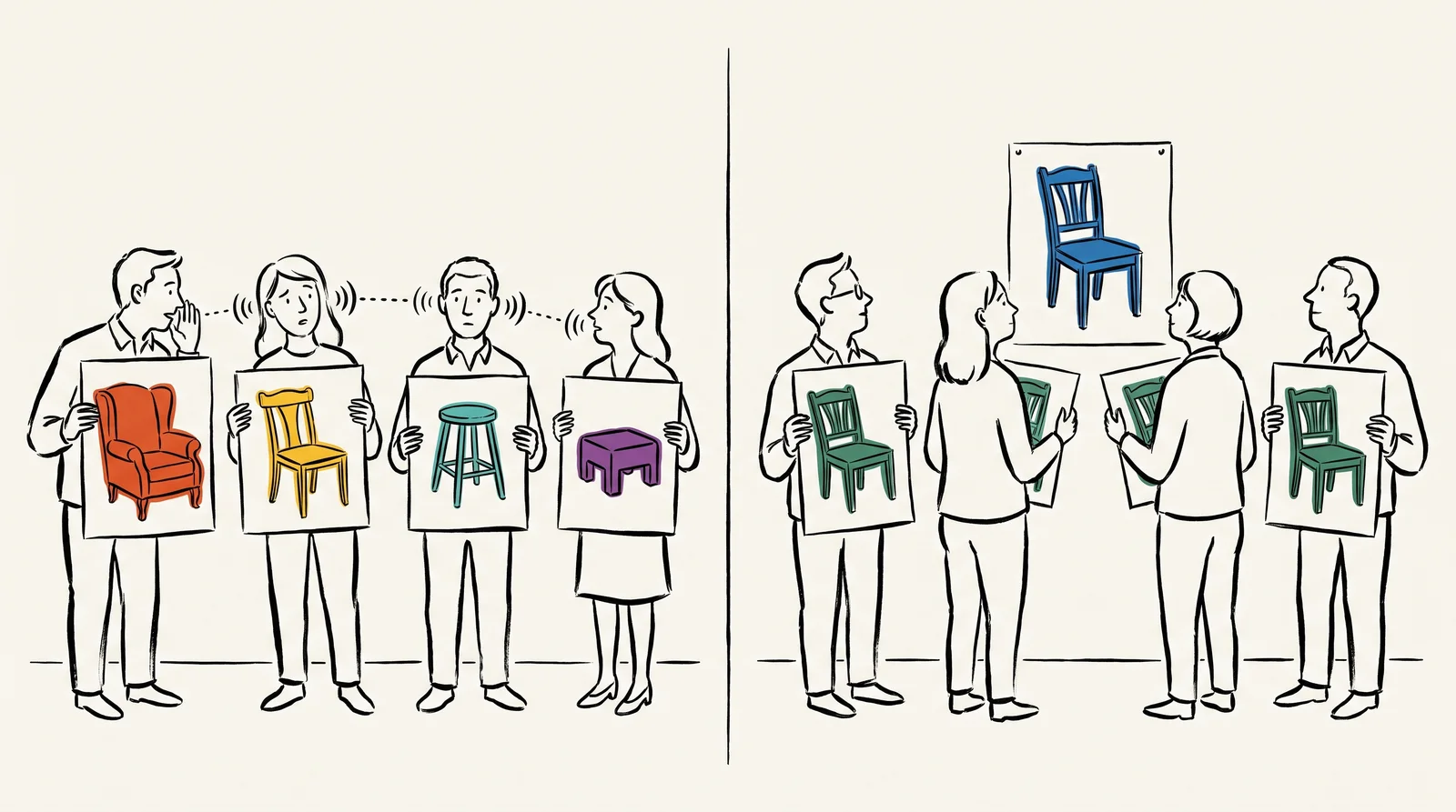 Split in two. On the left, four people whisper a message along a line, and the chairs they each draw drift further apart. On the right, four people copy the same pinned photograph of a chair, and their drawings all match.