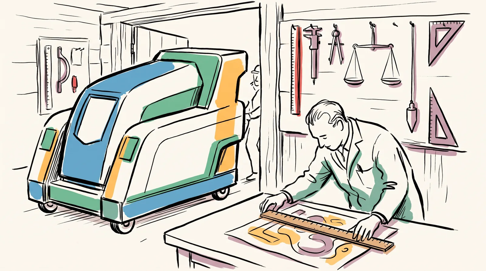 A shiny new machine is wheeled into an old workshop full of well-worn measuring tools on the walls. An inspector has already taken down an old ruler and is measuring a print the new machine has just made.