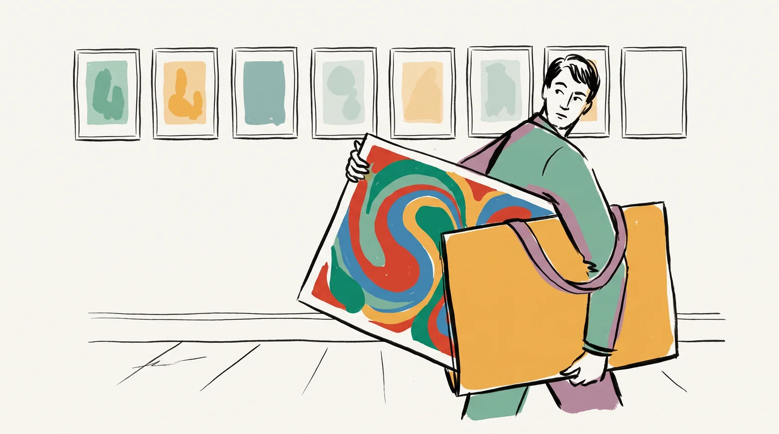 A row of eight quiet, pale prints on a wall with one gap. A person in front has taken down the missing print, a bold and colourful one, and slides it into a portfolio under their arm.