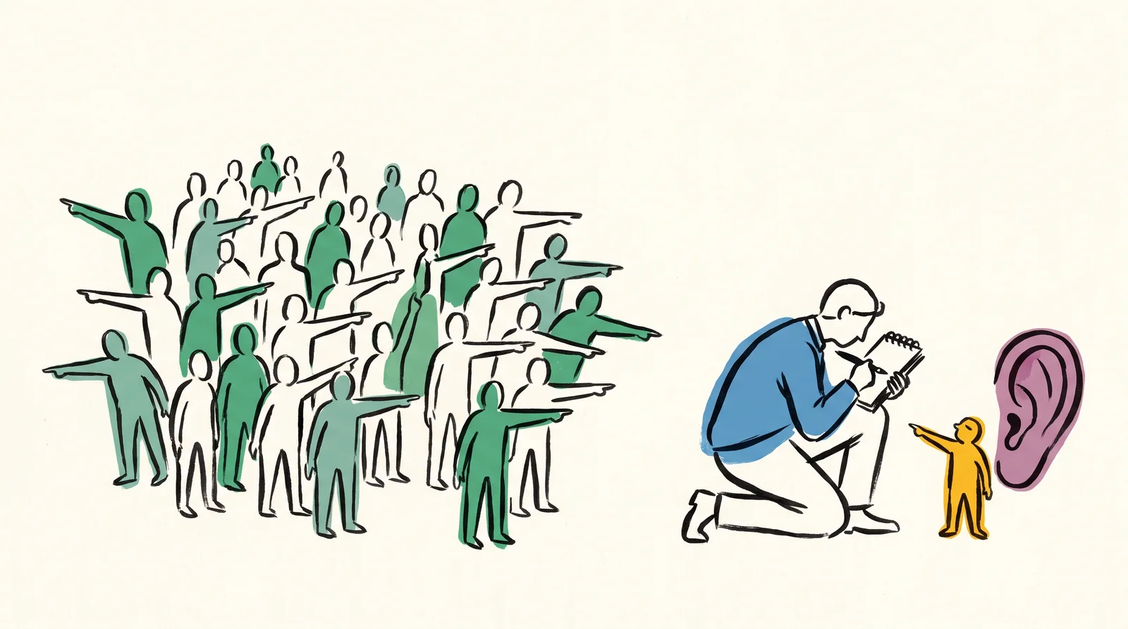 A crowd of small figures all face and point to the left. On the right, a researcher with a notebook turns away from them and kneels to listen to the one figure facing the other way.