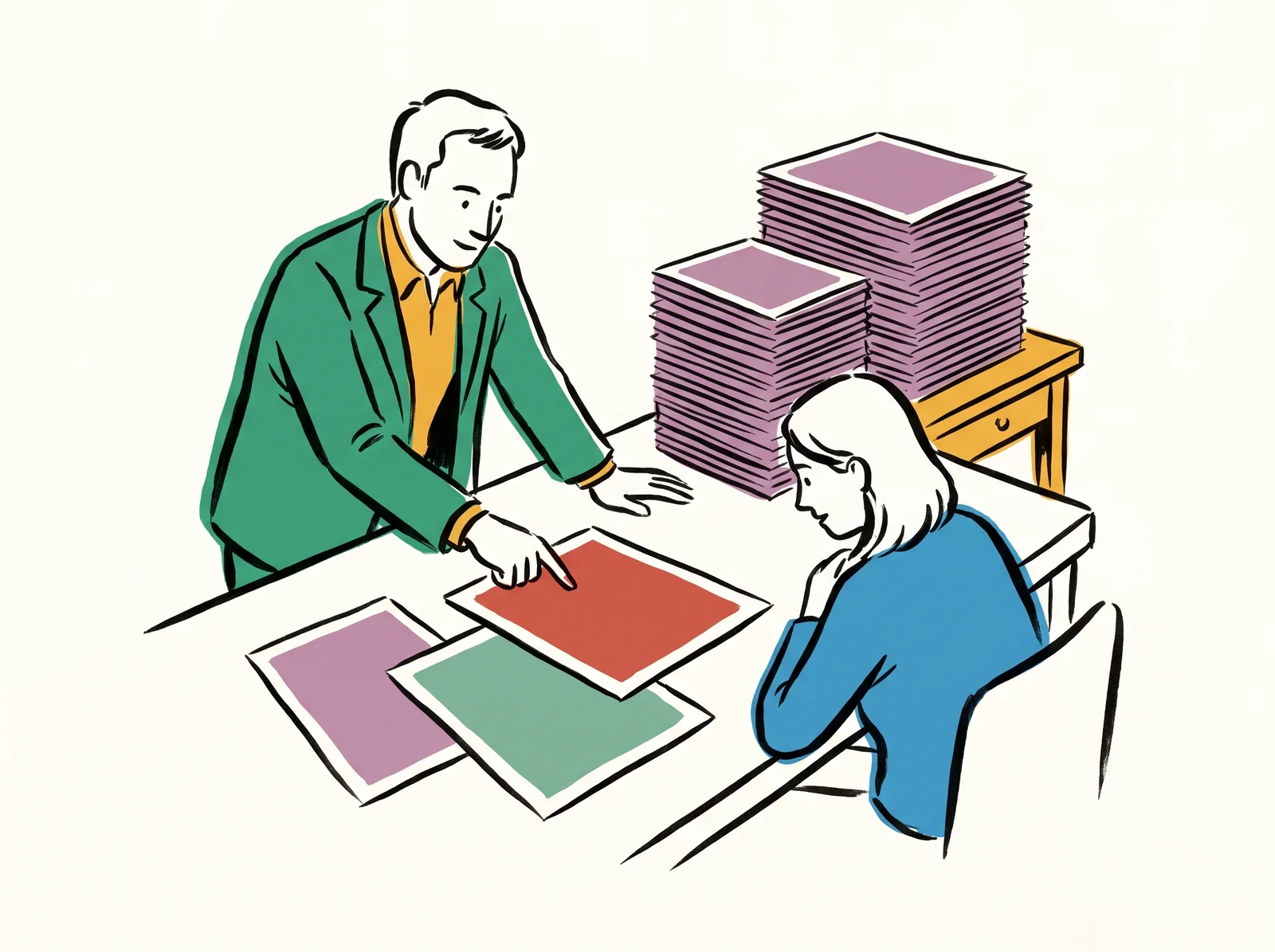 A designer lays three prints in front of a seated client and nudges the middle one forward with a finger. Behind the designer, a tall stack of other prints sits face down. The client leans toward the middle one.