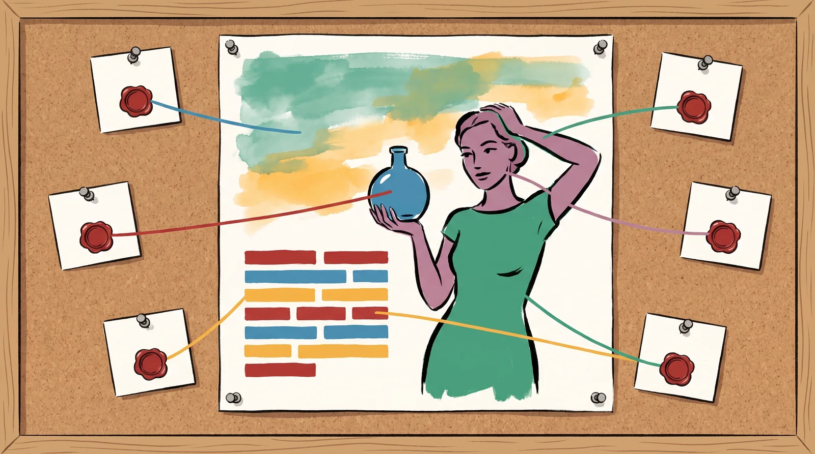 A poster of a woman holding a bottle in front of a painted sky, with a block of bars for type, is pinned to a board. Five strings lead from the sky, bottle, woman, type and pose to five separate sealed permission cards around it.