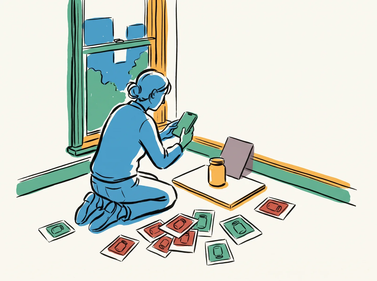 A person kneels by a tall window photographing a small jar on a plain board with a phone. A grey card leans against the jar, and dozens of plain prints of the jar from every angle lie around them on the floor.