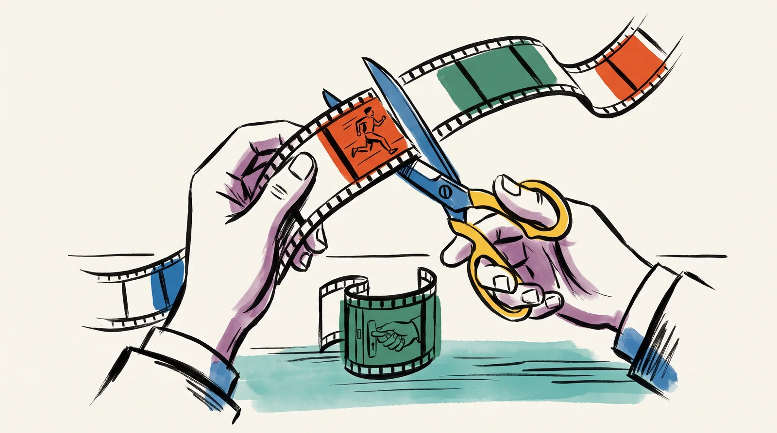 An editor's hands hold a strip of film and scissors, cutting at the frame where a runner's foot leaves the ground. On the bench below lies a short strip showing a close-up of a hand on a door handle.