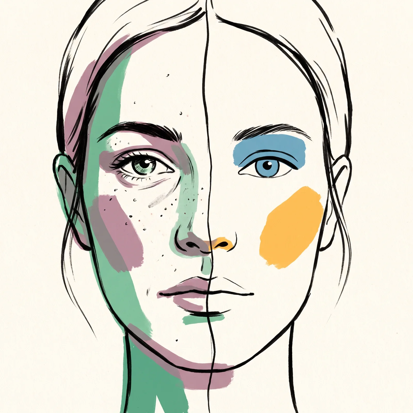 A close-up of an invented woman's face split down the middle. The left half shows pores, freckles, fine hairs and a crease by the eye. The right half is smooth as porcelain, with a flat, doll-like eye and no texture.