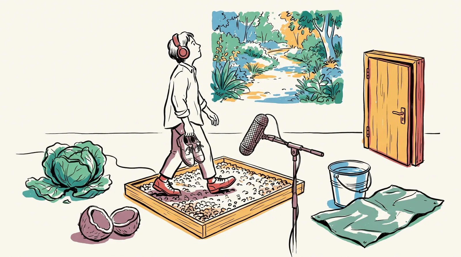 A foley studio. A person in headphones walks shoes over a tray of gravel in front of a microphone while a garden path is projected on the wall. Around them are a cabbage, coconut halves, a small door on a frame, a bucket and a tin sheet.