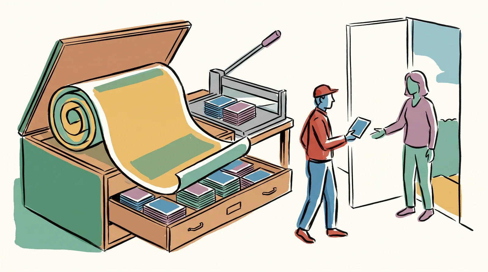 A huge rolled master print lies in an open wooden plan chest. Next to it, a guillotine has cut a neat stack of small copies. A courier carries one small copy out of the door to a person waiting with a hand held out.