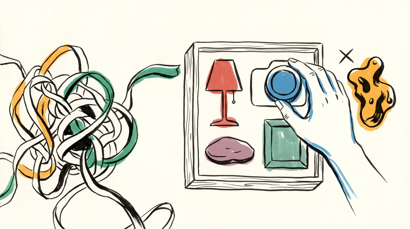 A tangled ribbon of paper trails in from the left. On the right, a wooden tray has four slots shaped like a lens, a lamp, a flat stone and a frame. A hand places matching objects into the slots, while one odd object sits outside, not fitting.