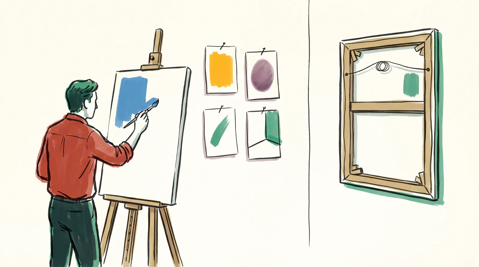 A painter works at a canvas beside a wall of small pinned studies: a colour patch, a soft shadow edge, a single brushstroke and a cropped corner. Across the room, someone else's framed painting hangs turned to face the wall.