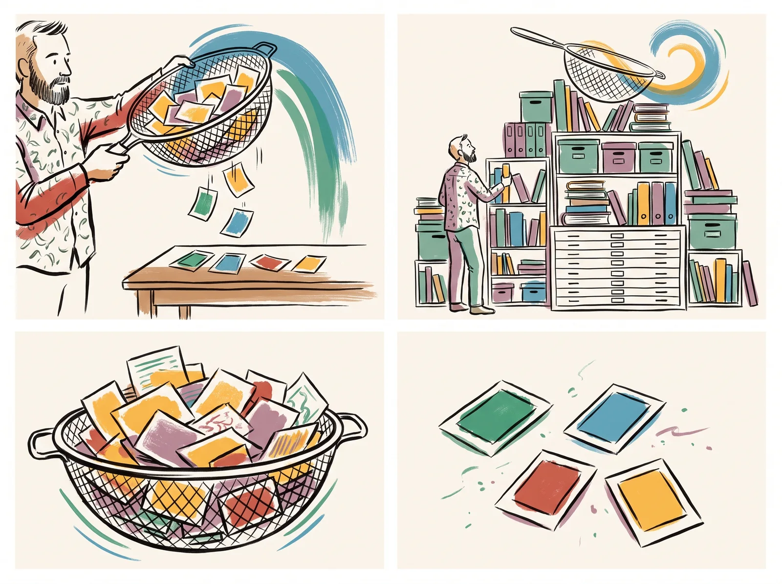 A person pours a pile of small prints into a big kitchen sieve held over a table. Most stay caught in the mesh; four fall through onto the table. Shelves of old books and archive boxes surround them.