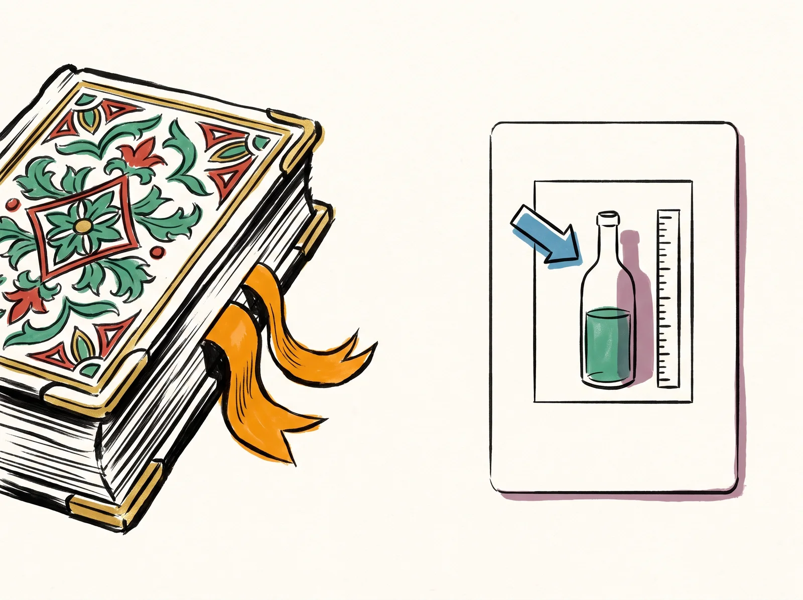 On the left, a thick ornate book with ribbons and gilt edges lies closed. On the right, a small plain card shows a simple diagram: a bottle inside a frame, a ruler along its height, light coming from the upper left and a shadow to the right.