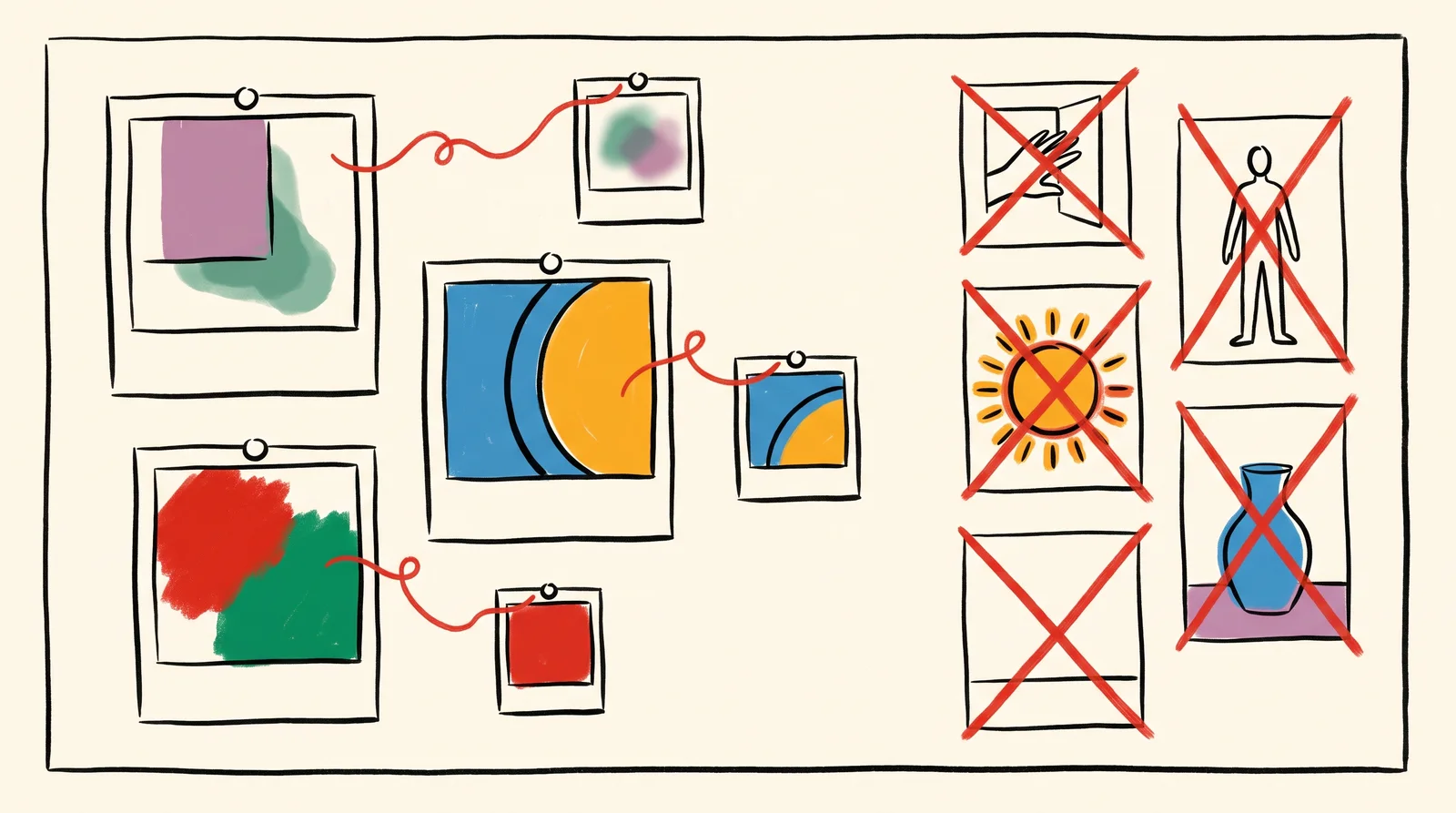 A corkboard. On the left, three reference photos, each with a thread pointing to one detail: a shadow edge, a tight crop, a patch of colour. On the right, five small sketches crossed out: a hand, a person facing camera, a blazing sun, a white ground and a centred vase.