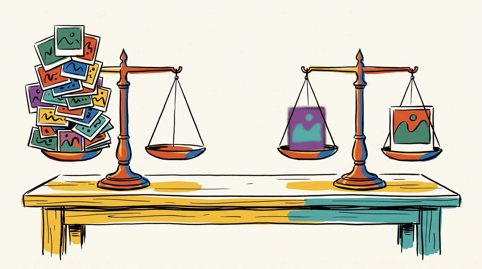 Two separate balance scales on a long bench. The first weighs a tall stack of small pictures against an empty pan, its beam level and undecided. The second weighs one picture against a very similar original.