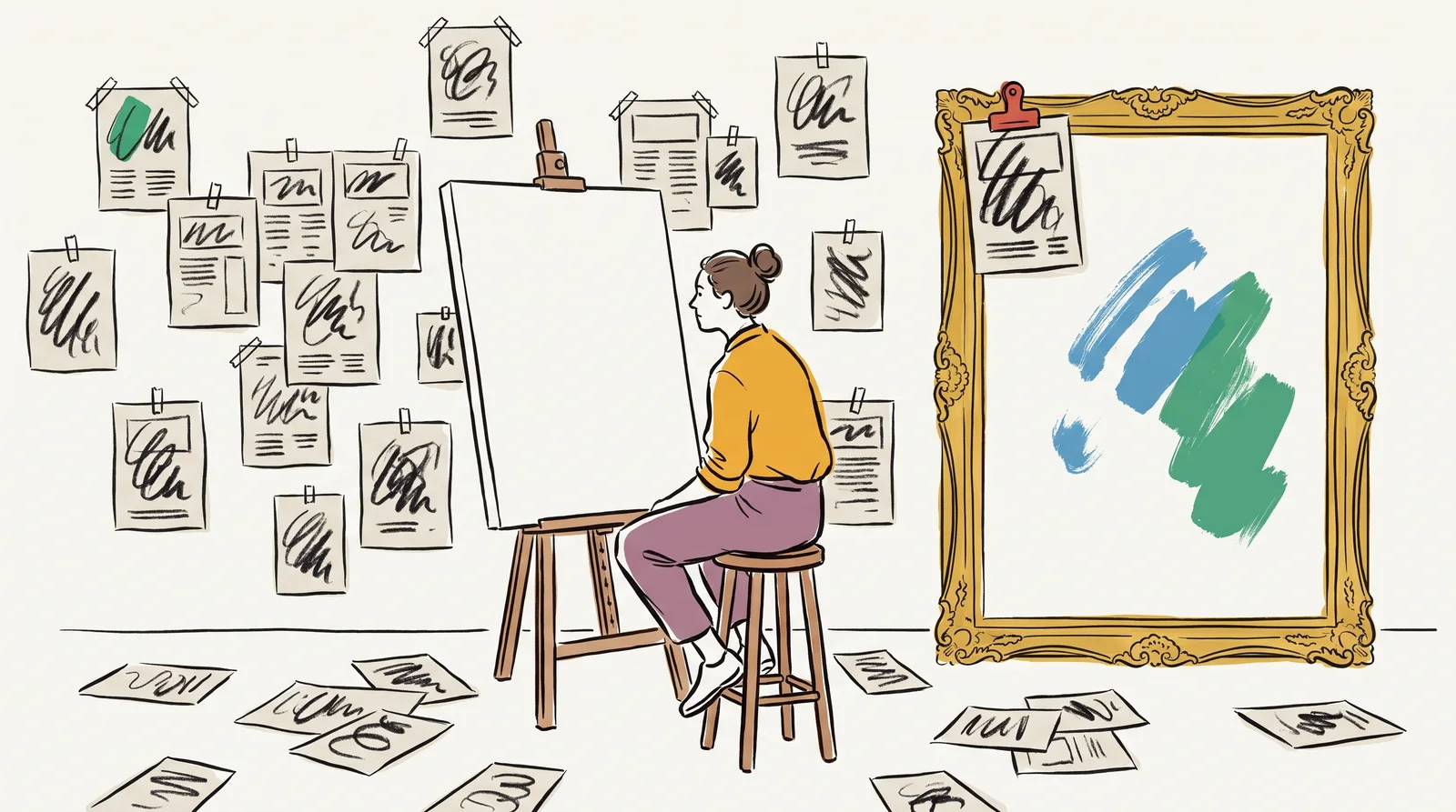 An artist is surrounded by dozens of quick charcoal sketches on cheap paper, pinned up and scattered on the floor. One sketch is clipped to the corner of a large, expensive canvas in a gilt frame, where painting has just started.