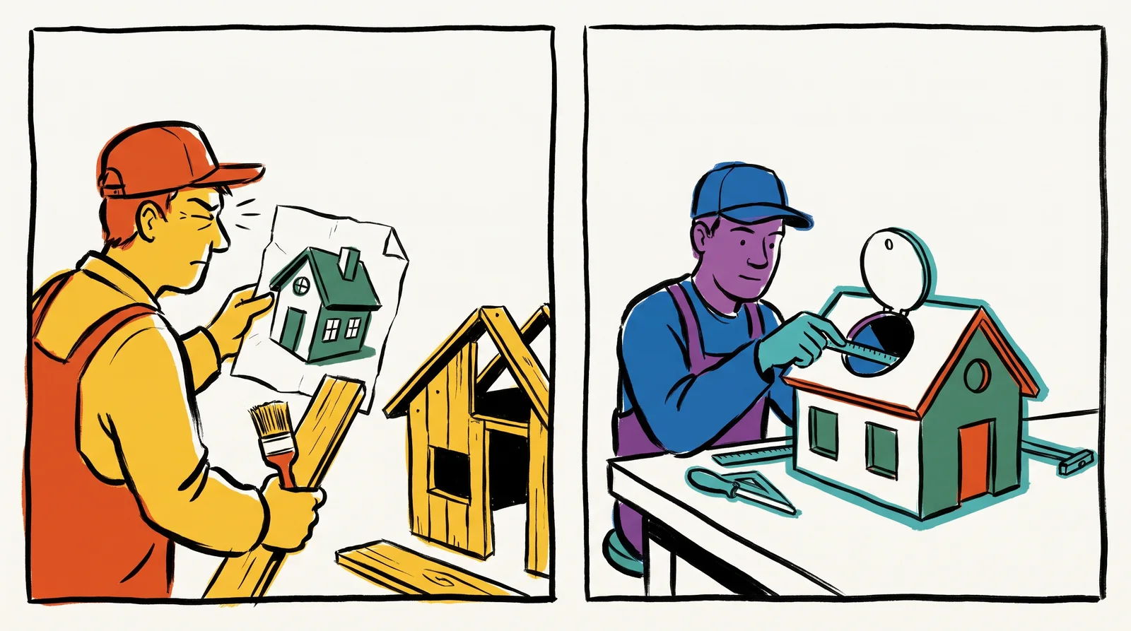 Split in two. On the left, a builder peers at a flat photo of a model house, guessing. On the right, the builder has the real model house, with one roof hatch opened so they can reach in and measure the rooms, while the rest stays shut.