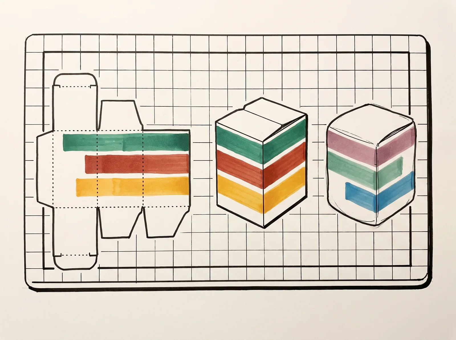 On a cutting mat, a flat unfolded carton lies beside the box it makes, which is crisp and exact. Next to them is a third box that nearly matches but has soft proportions, a misaligned pattern band and one rounded corner.