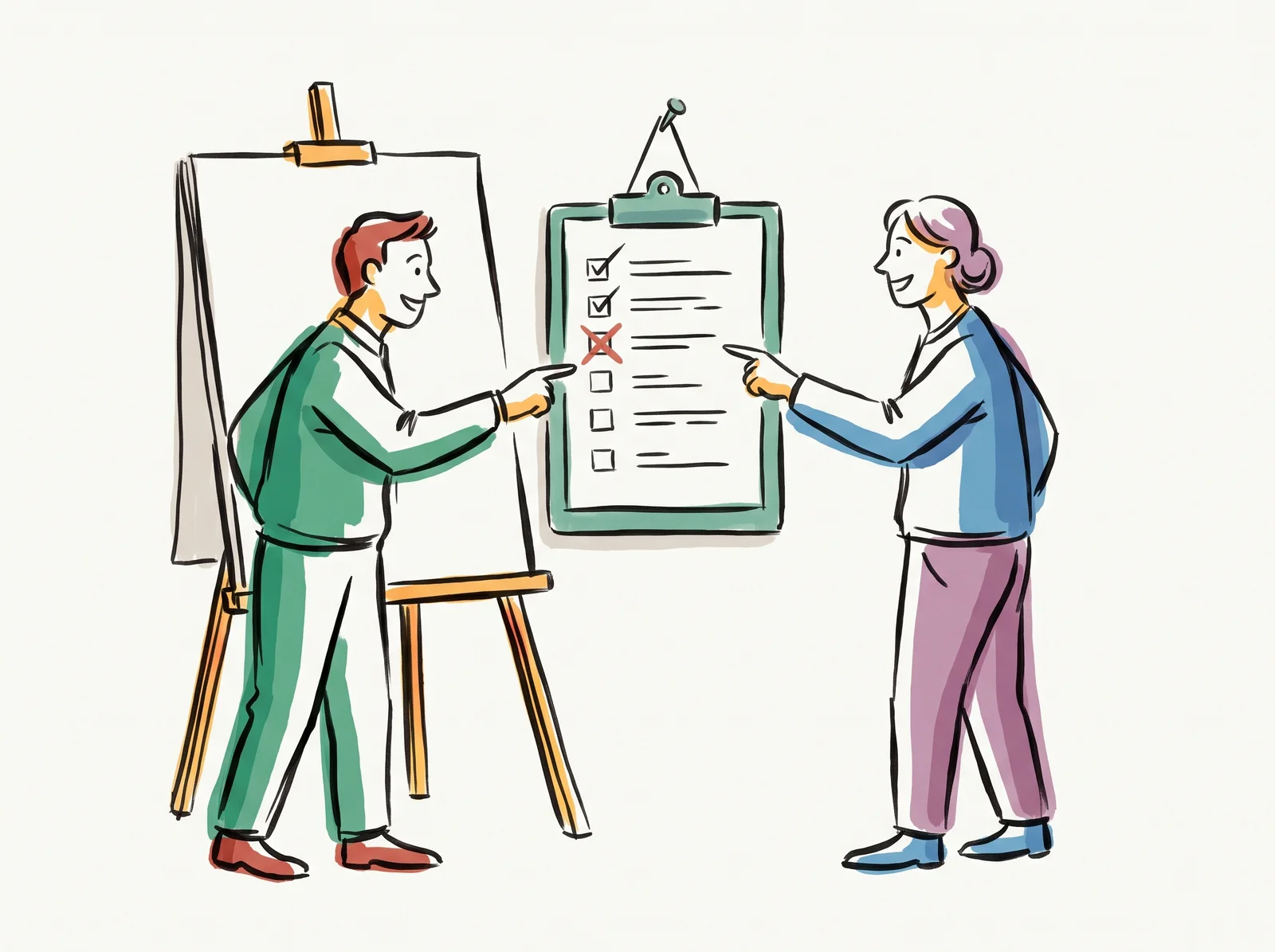 Two people stand on either side of a print on an easel. A clipboard hangs between them with a column of short lines and boxes, most ticked and one crossed. Both point at the crossed line, in agreement.