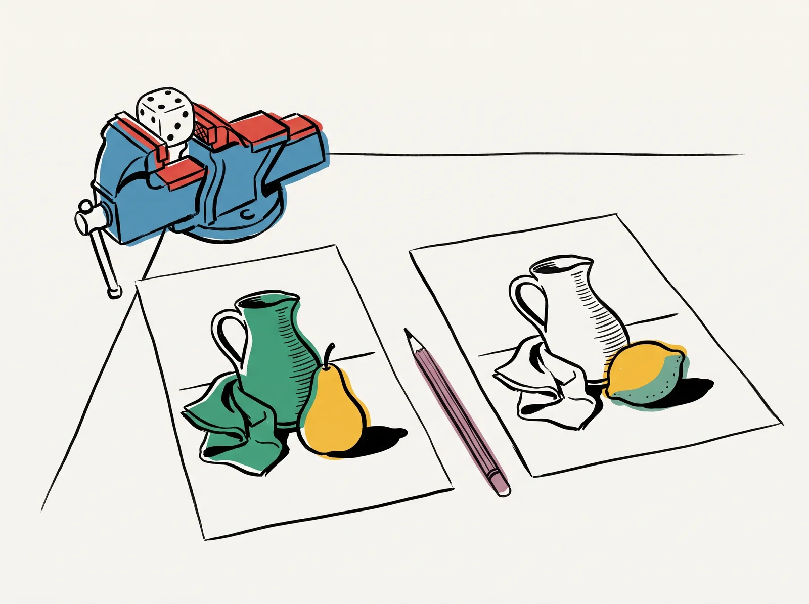 A single die held still in a small vice on a table. Next to it are two identical prints of a jug, a cloth and a piece of fruit. The only difference between them is that the pear on the left has become a lemon on the right.
