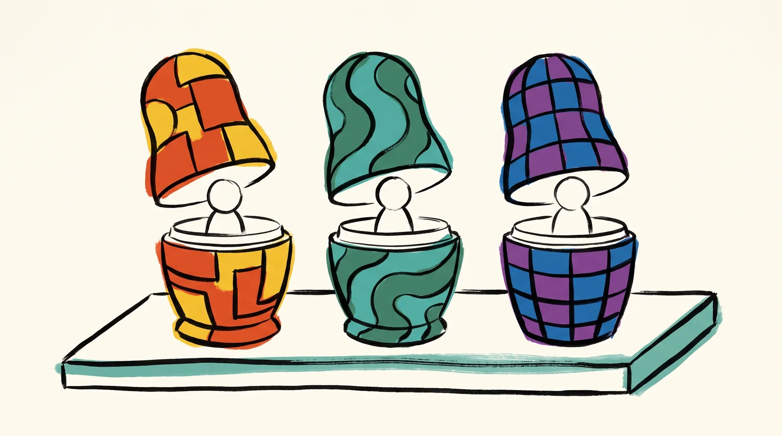 Three hollow figures on a shelf, each painted with a different bold design, have their tops lifted off. Inside each one sits the same plain, unpainted wooden figure.