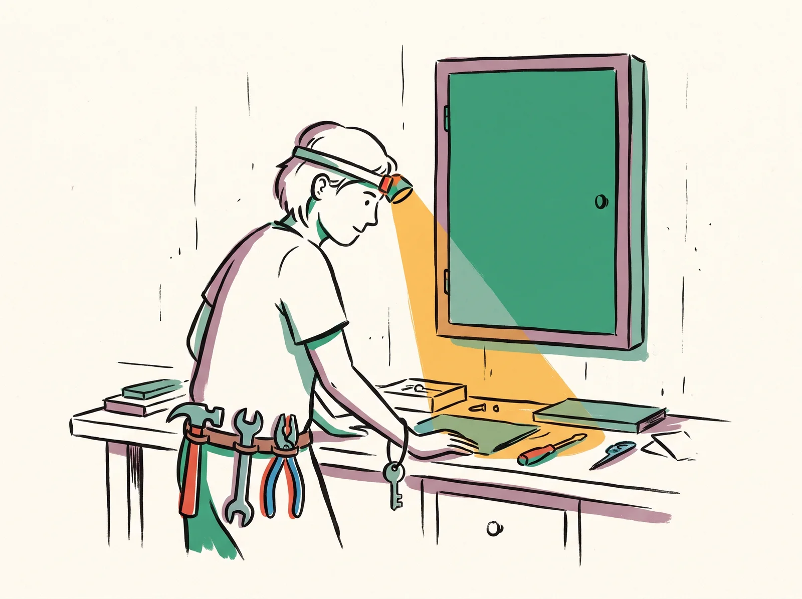 An apprentice at a workbench wears a tool belt with three tools and a headlamp that lights only the bench. Behind them a large key cabinet is shut, and they carry just one key on a short cord at the wrist.