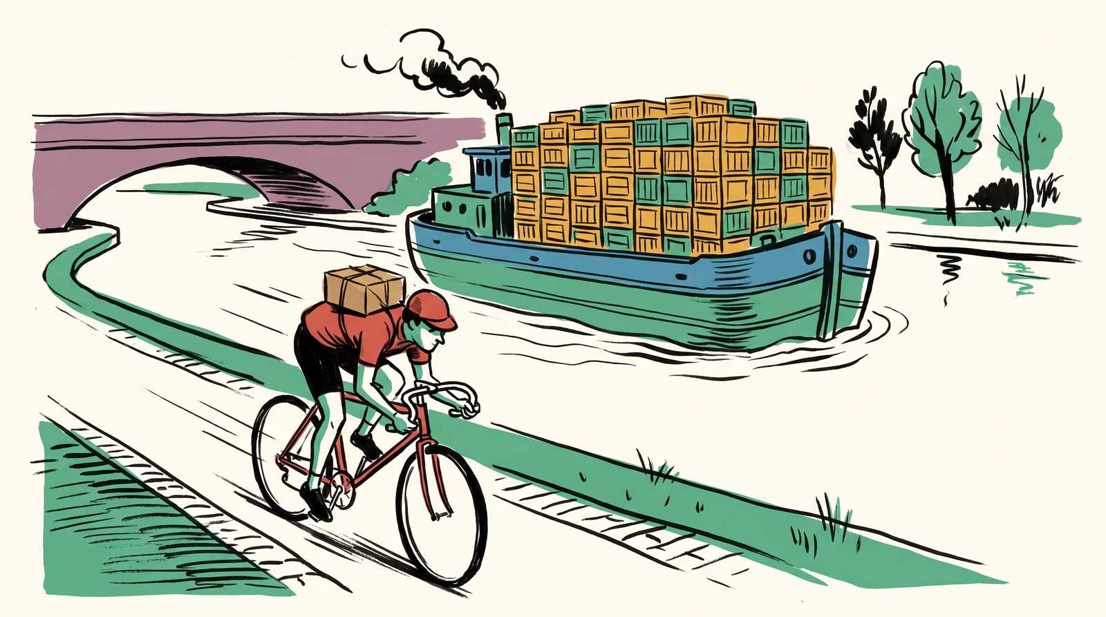Along a canal, a cyclist speeds down the towpath carrying one parcel. On the water, a slow, wide barge piled with hundreds of crates moves steadily along behind.