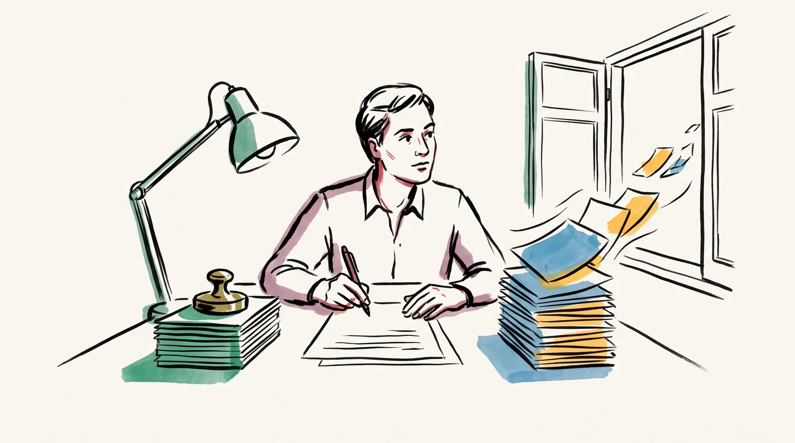 A contract lies on a desk. On one side, a neat stack of cards is pinned flat by a brass paperweight. On the other, a second stack is blowing about in a breeze from an open window. A person holding a pen pauses over the contract.